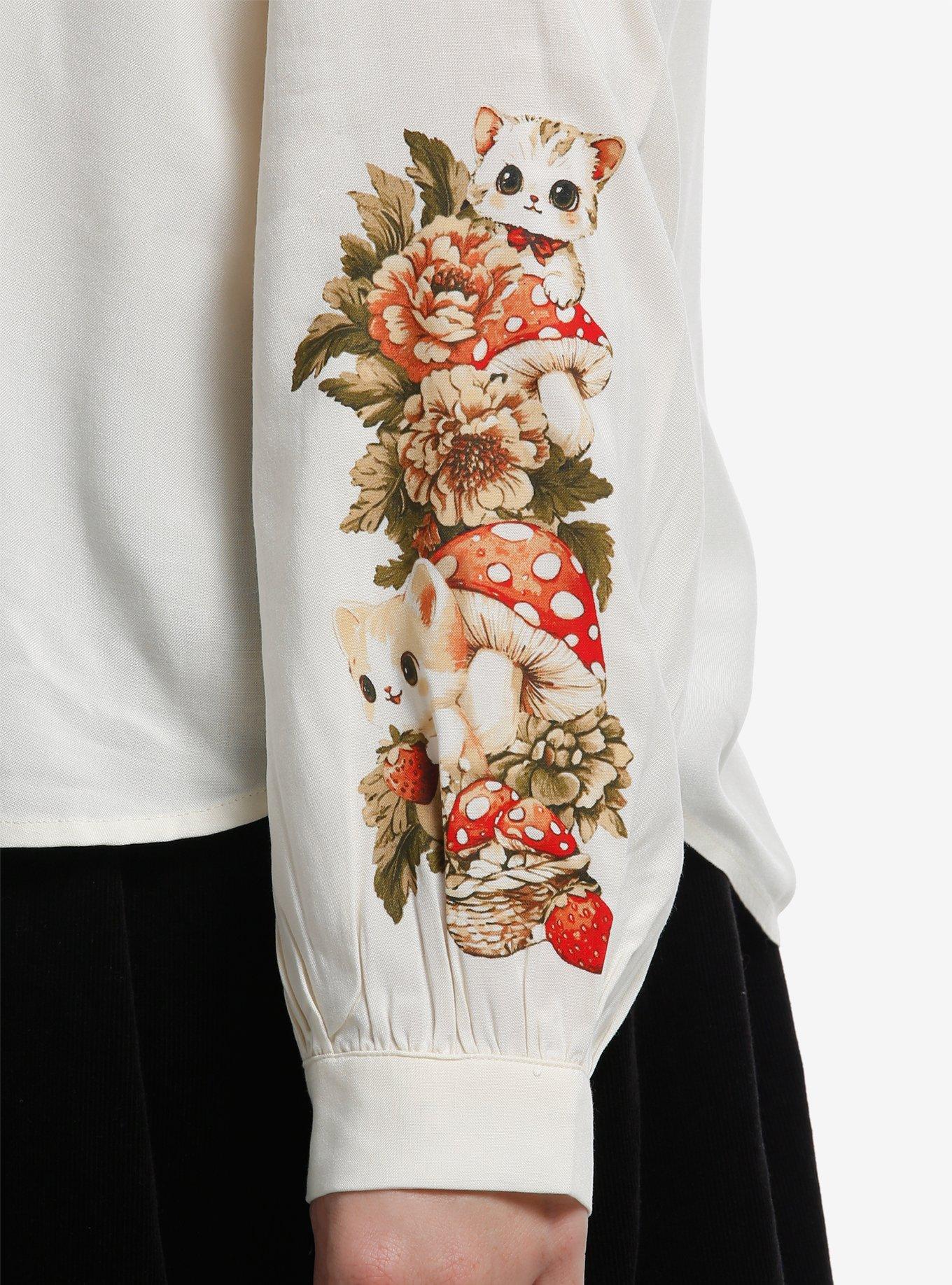 Thorn & Fable Ivory Cats & Mushrooms Girls Woven Long-Sleeve Button-Up Plus Size, PINK, alternate