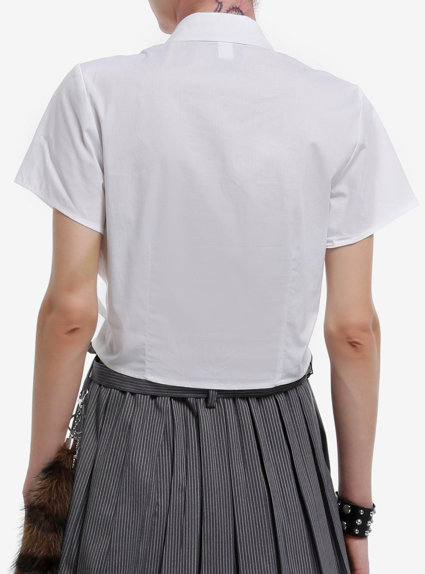 Social Collision White Ruched Girls Crop Woven Button-Up With Collar, BLACK, alternate