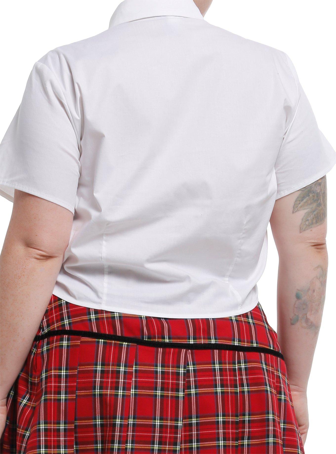 Social Collision White Ruched Girls Crop Woven Button-Up With Collar Plus Size, BLACK, alternate