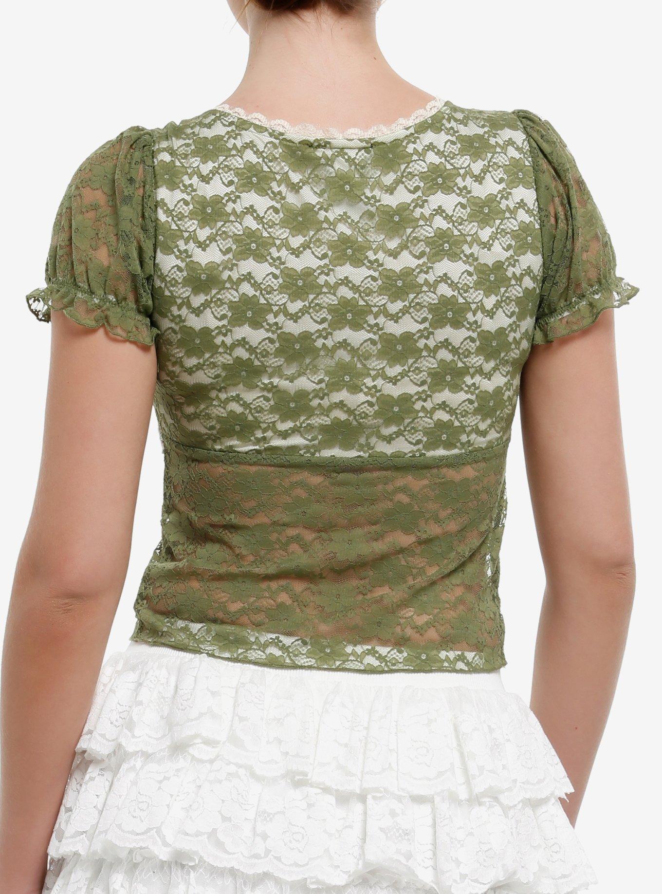 Thorn & Fable Green & Cream Lace Girls Puff-Sleeve Top, IVORY, alternate