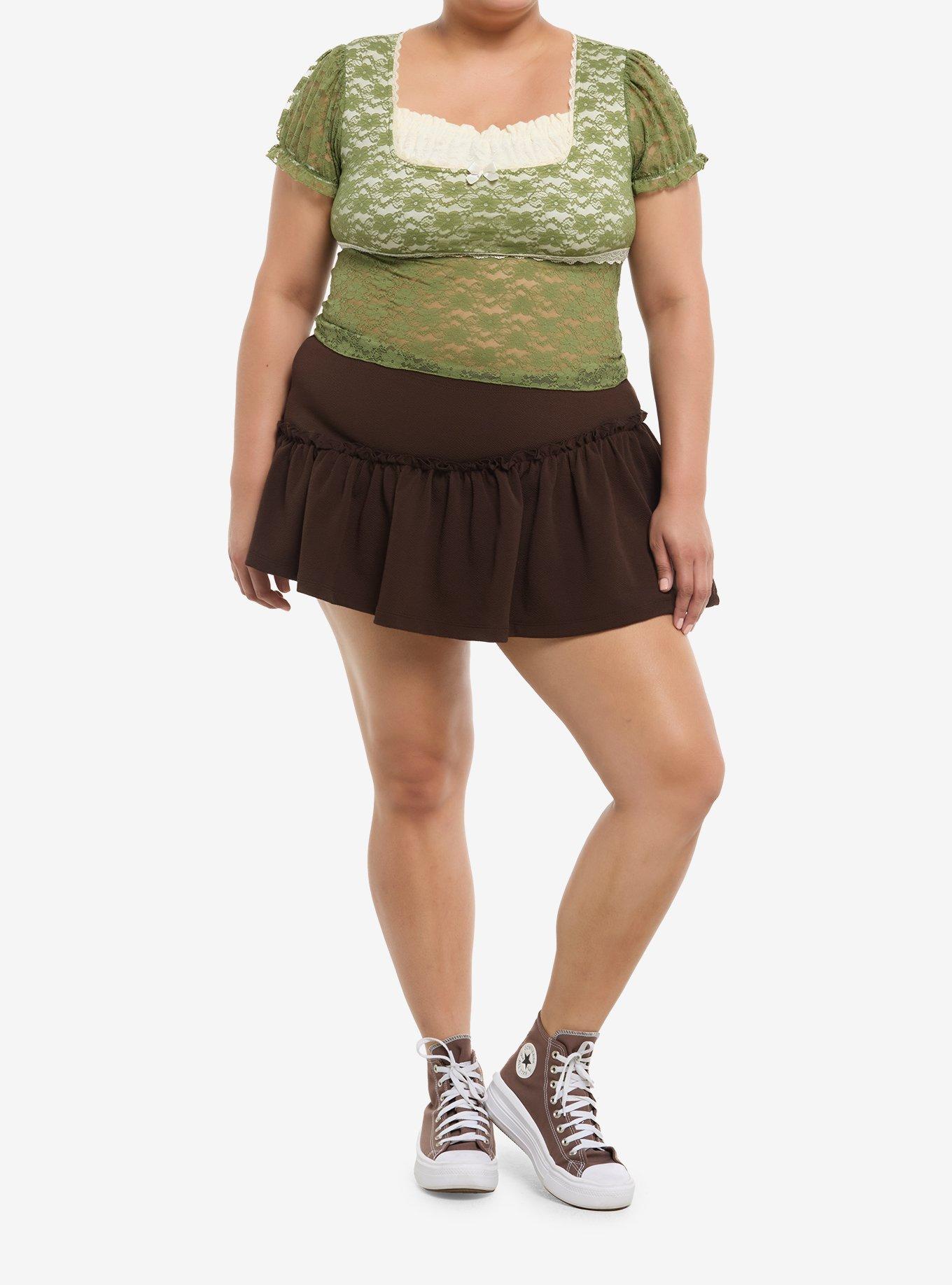 Thorn & Fable Green & Cream Lace Puff-Sleeve Top Plus Size, , hi-res