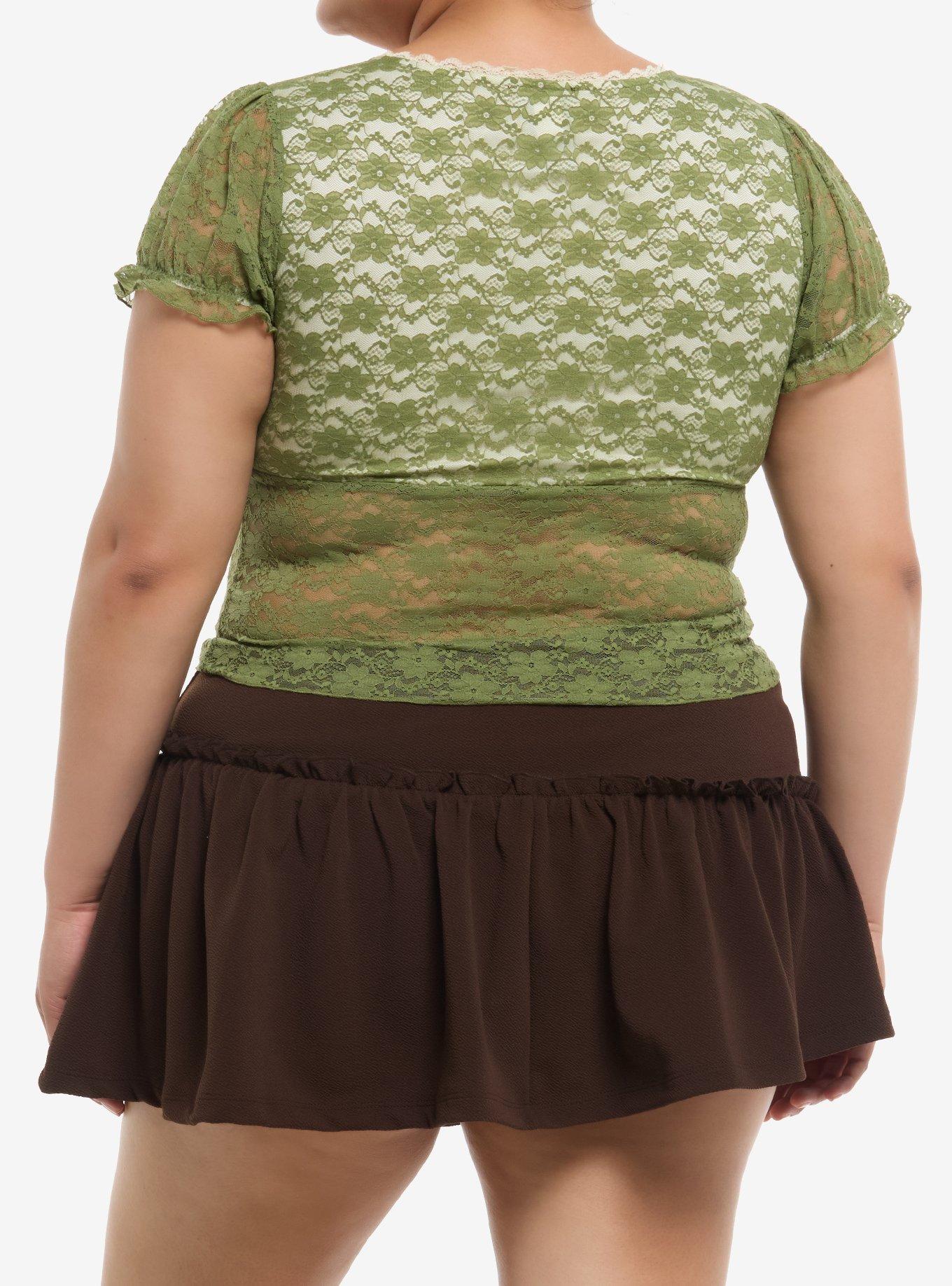 Thorn & Fable Green & Cream Lace Puff-Sleeve Top Plus Size, IVORY, alternate