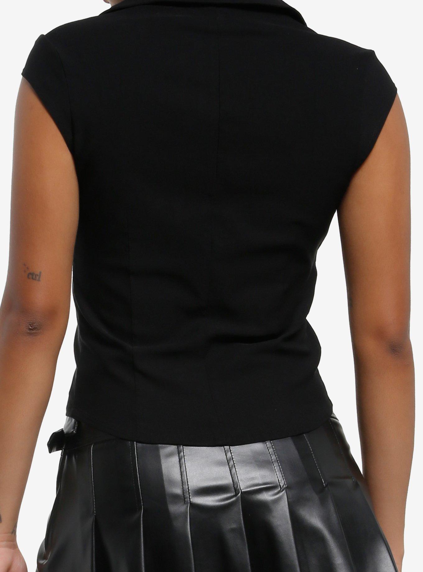 Black Zipper Pierced Girls Collared Top, BLACK, alternate
