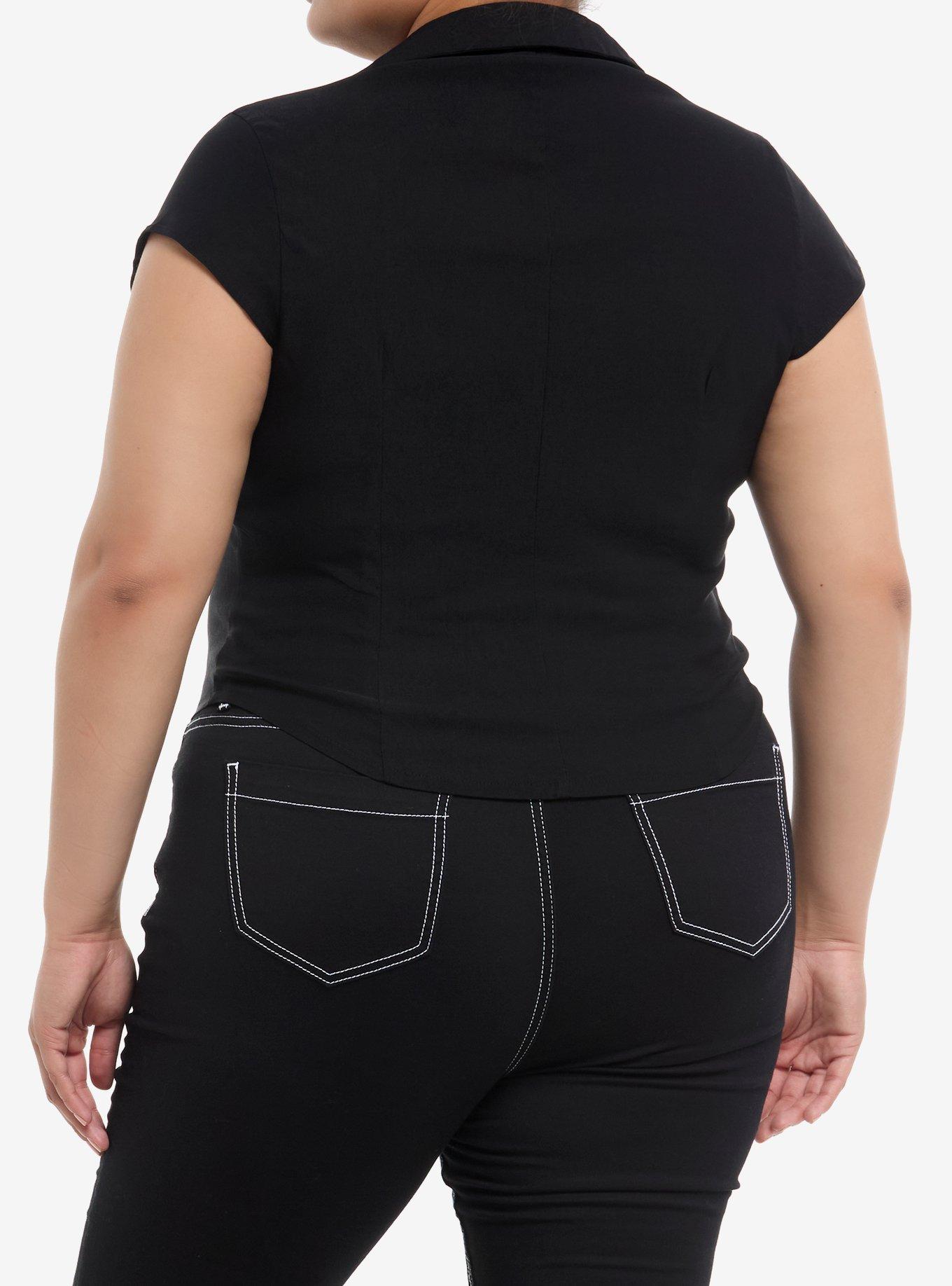 Black Zipper Pierced Girls Collared Top Plus Size, GREY, alternate