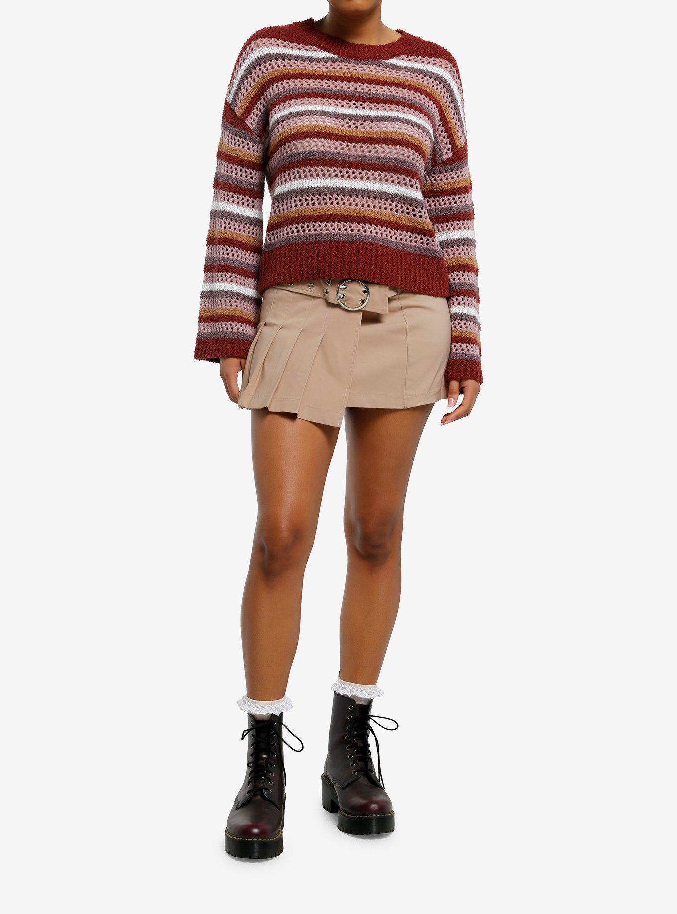 Thorn & Fable Maroon Grunge Stripe Girls Knit Long-Sleeve Top, , hi-res