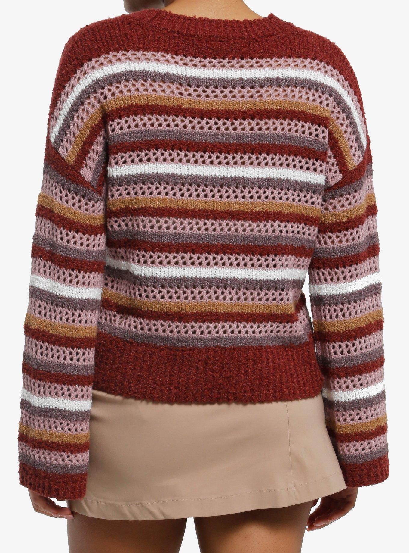 Thorn & Fable Maroon Grunge Stripe Girls Knit Long-Sleeve Top, MAROON  IVORY, alternate