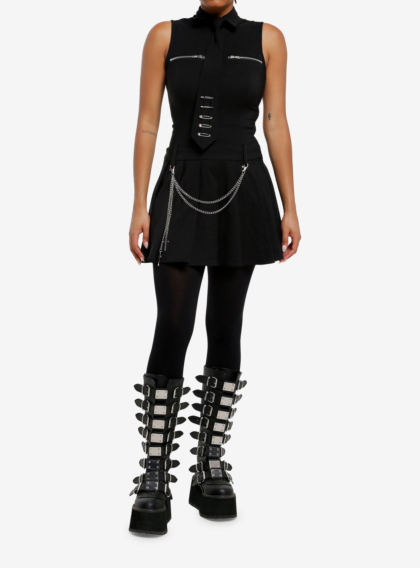 Social Collision Black Zippers & Chains Pleated Tank Dress, , hi-res