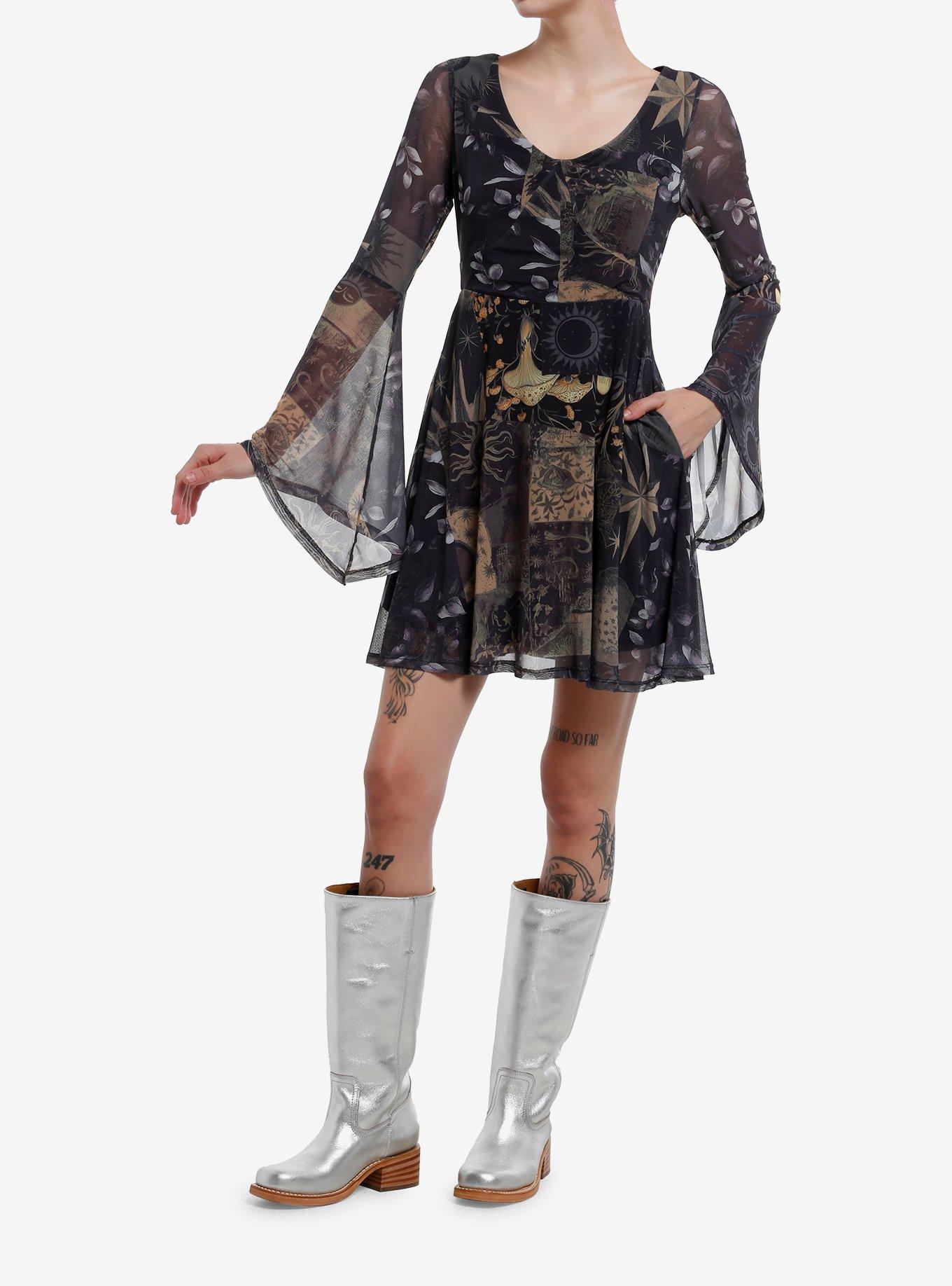 Cosmic Aura Celestial Patchwork Mesh Bell Sleeve Dress, , hi-res