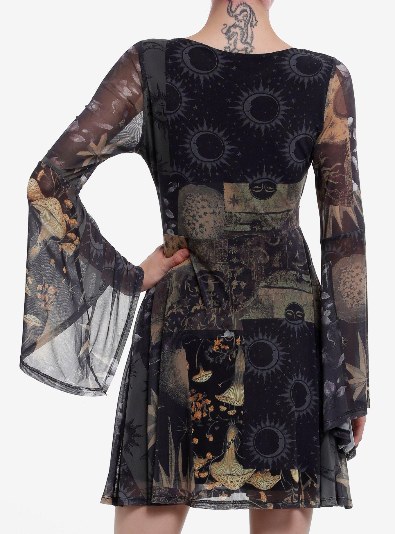 Cosmic Aura Celestial Patchwork Mesh Bell Sleeve Dress, GREEN, alternate