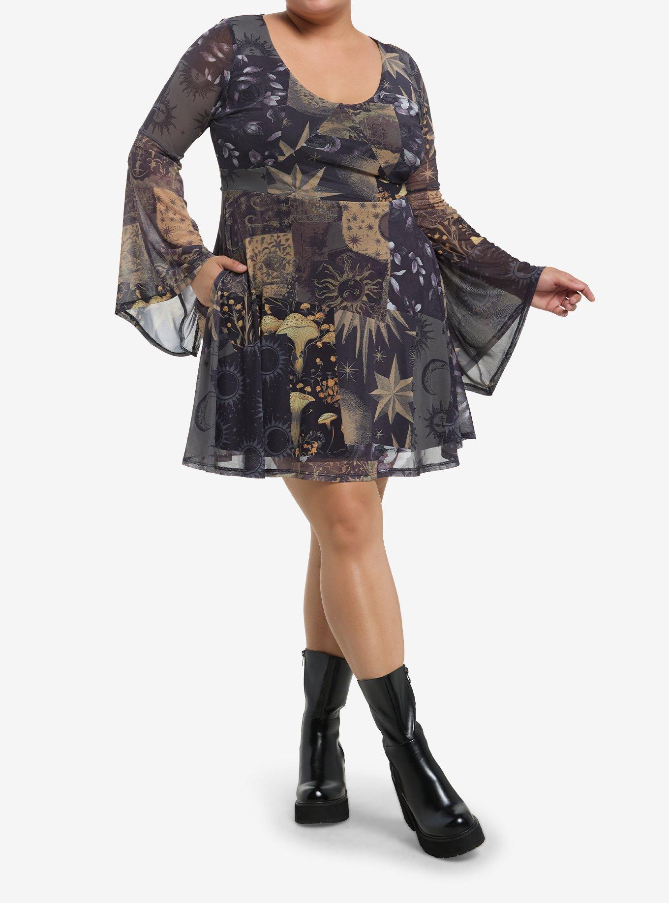Cosmic Aura Celestial Patchwork Mesh Bell Sleeve Dress Plus Size, , hi-res