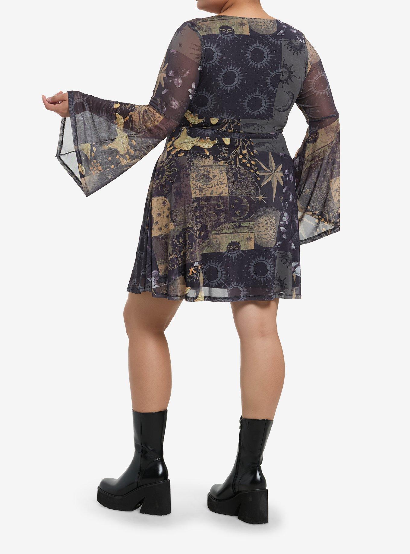 Cosmic Aura Celestial Patchwork Mesh Bell Sleeve Dress Plus Size, GREEN, alternate
