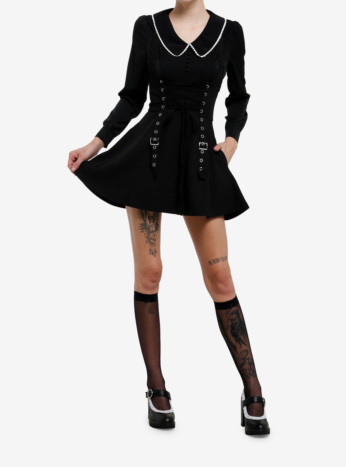 Social Collision Black Grommet Strap Lace-Up Skirtall, , hi-res