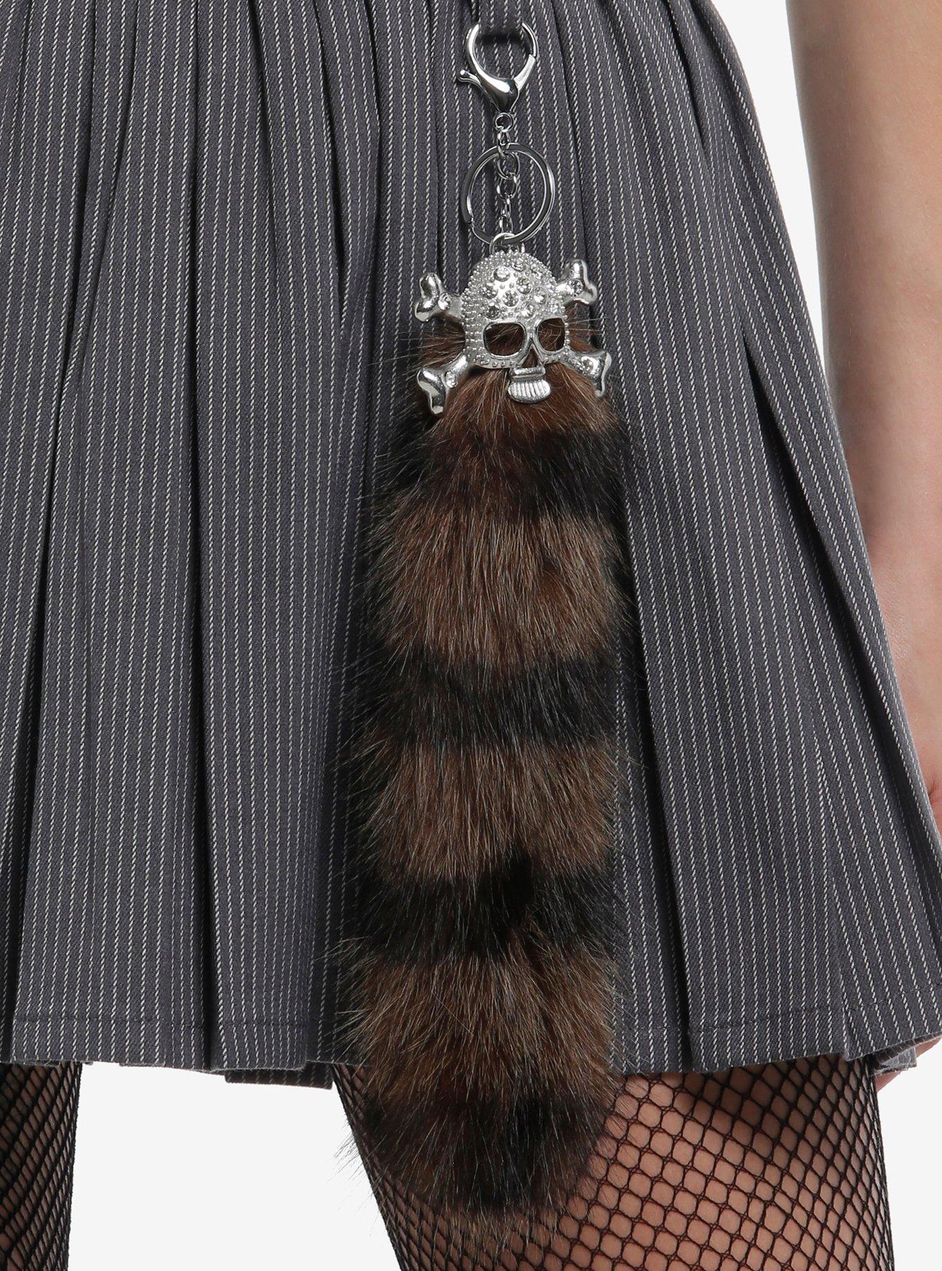 Social Collision Grey Pinstripe Pleated Skirt With Raccoon Tail Charm, , alternate