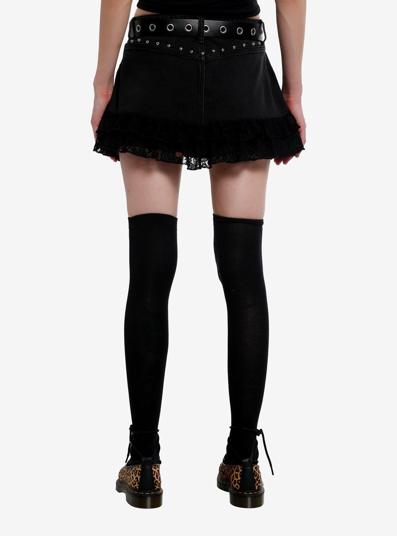 Social Collision Skull Charms Lace Ruffle Denim Skirt, , hi-res