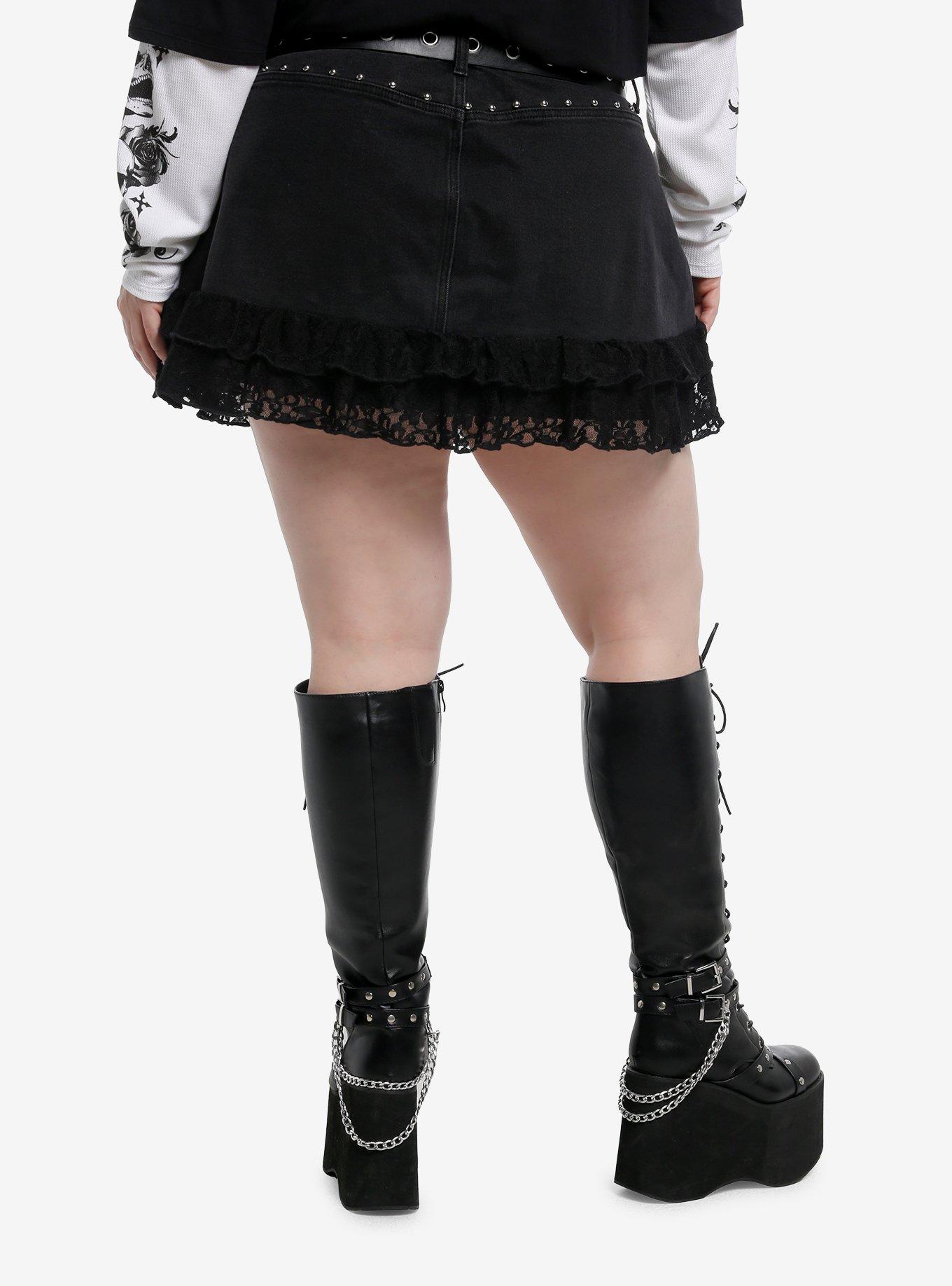 Social Collision Skull Charms Lace Ruffle Denim Skirt Plus Size, , hi-res