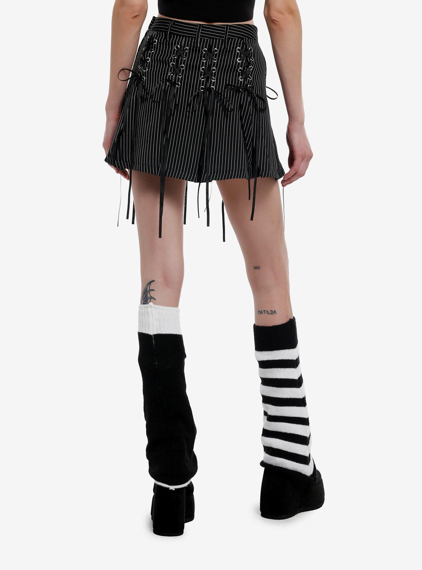Pinstripe Lace-Up Cross Charm Ribbon Mini Skirt, , hi-res