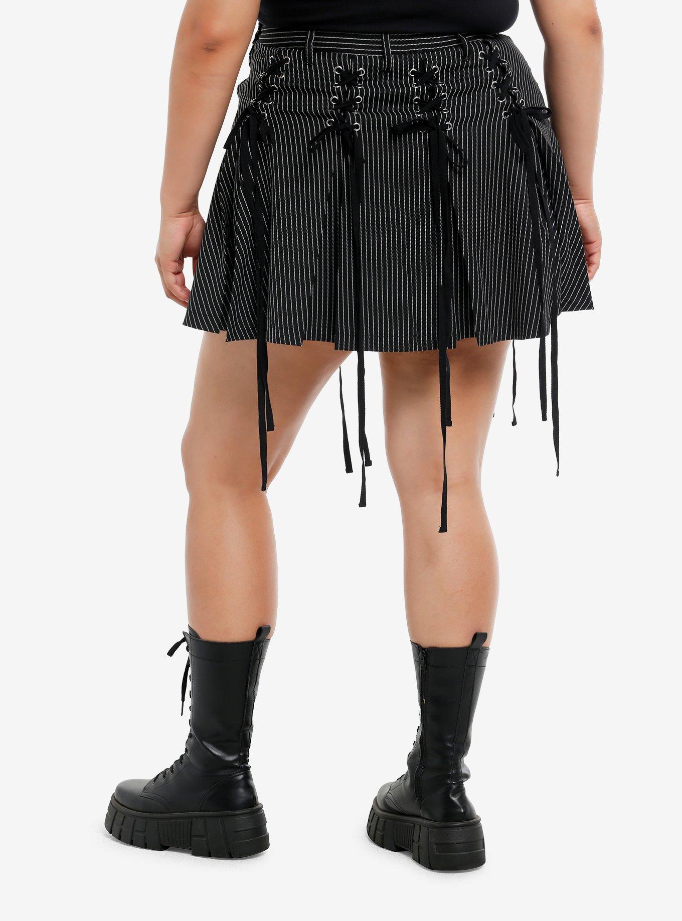 Pinstripe Lace-Up Cross Charm Ribbon Mini Skirt Plus Size, , alternate