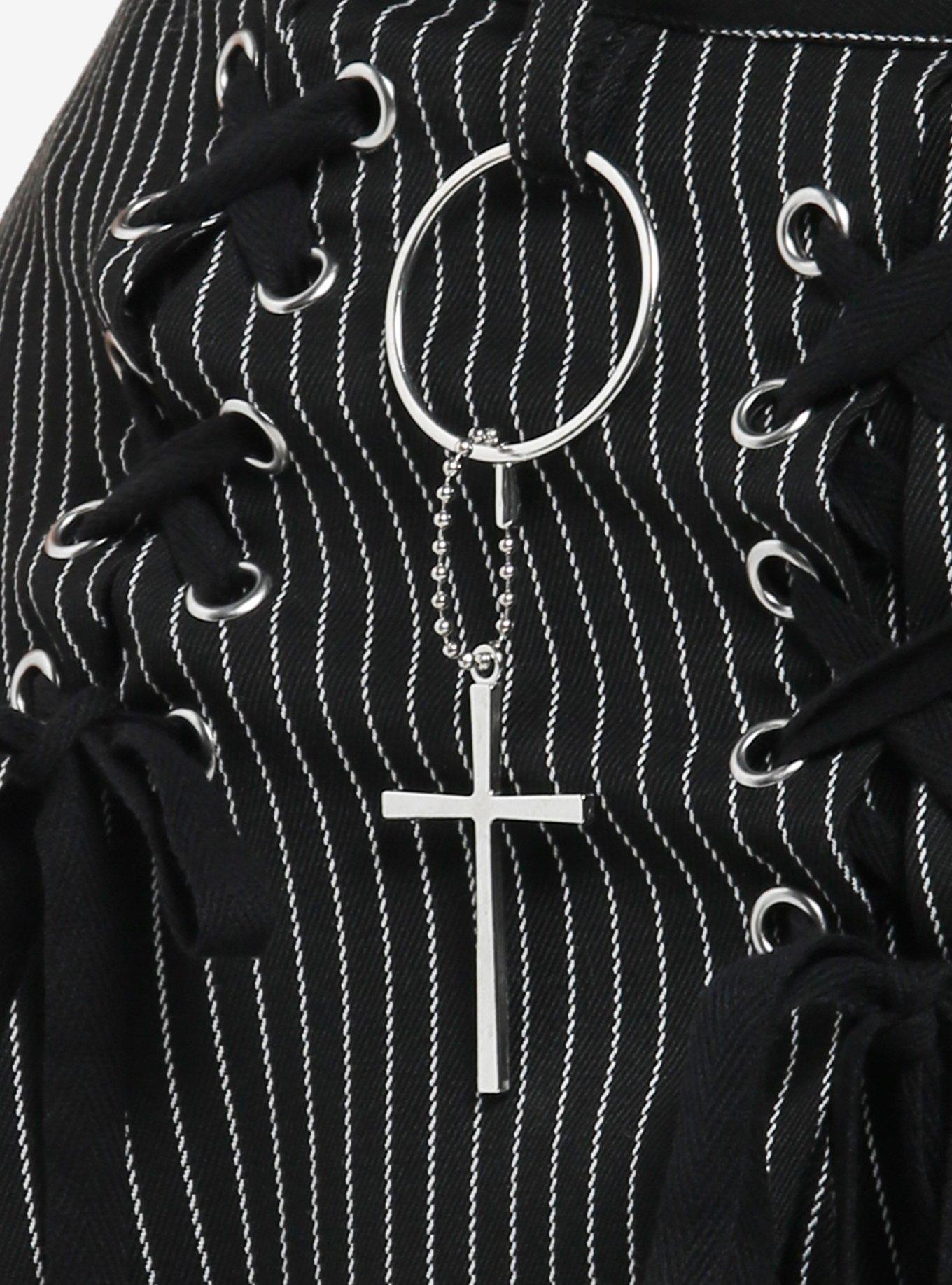 Pinstripe Lace-Up Cross Charm Ribbon Mini Skirt Plus Size, , alternate
