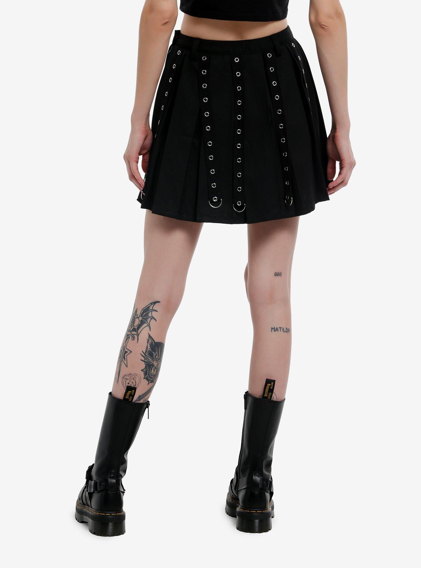 Social Collision Black Grommet Tape Pleated Skirt, , hi-res