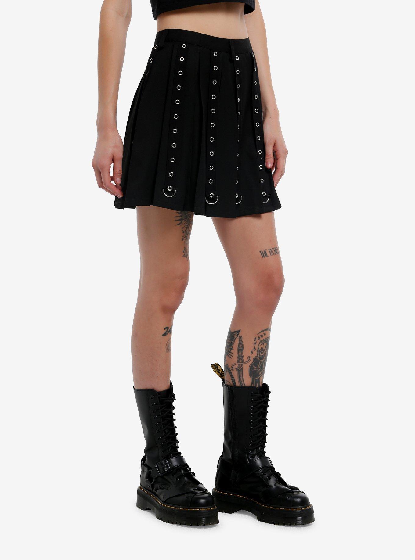Social Collision Black Grommet Tape Pleated Skirt, BLACK, alternate