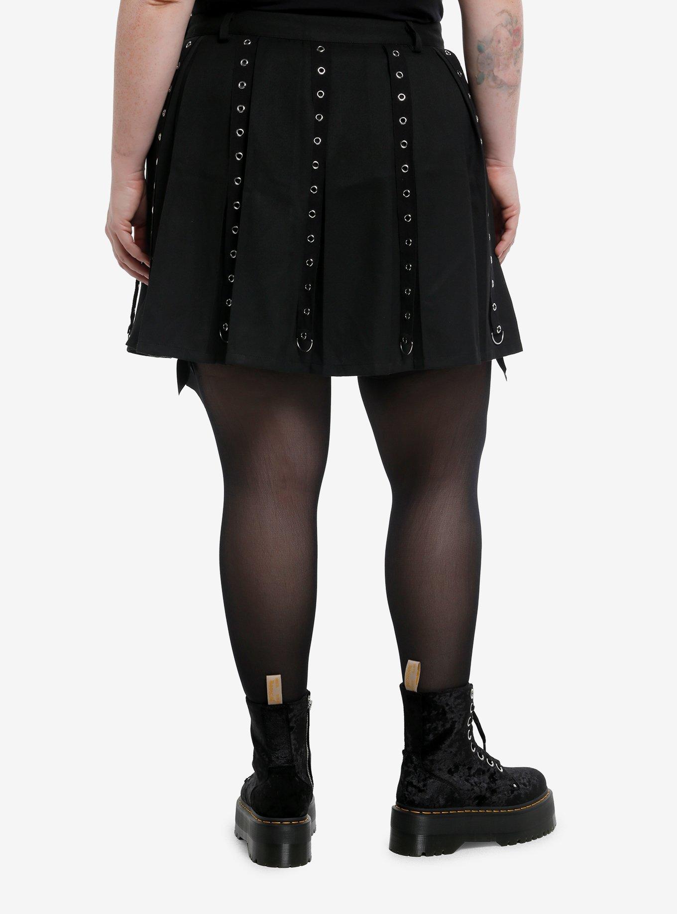 Social Collision Black Grommet Tape Pleated Skirt Plus Size, , hi-res