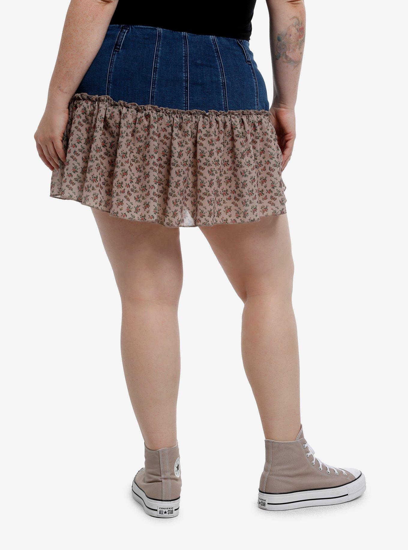 Thorn & Fable Button-Down Floral Denim Skirt Plus Size, BROWN, alternate