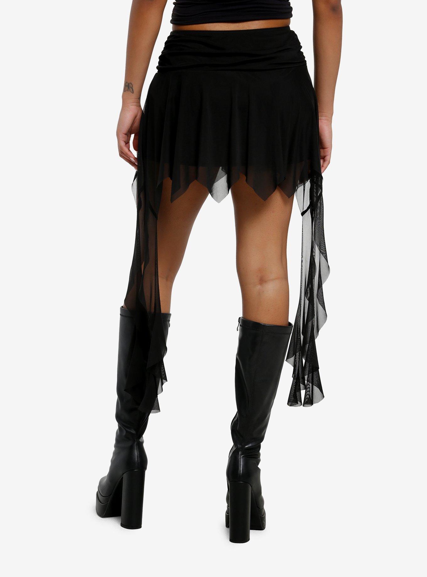 Cosmic Aura Black Mesh Hanky Hem Mini Skirt, , hi-res