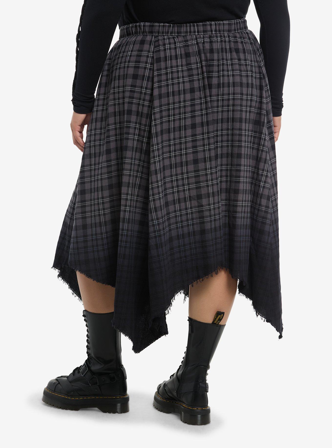 Social Collision Grey Plaid & Black Ombré Safety Pin Midi Skirt Plus Size, , hi-res