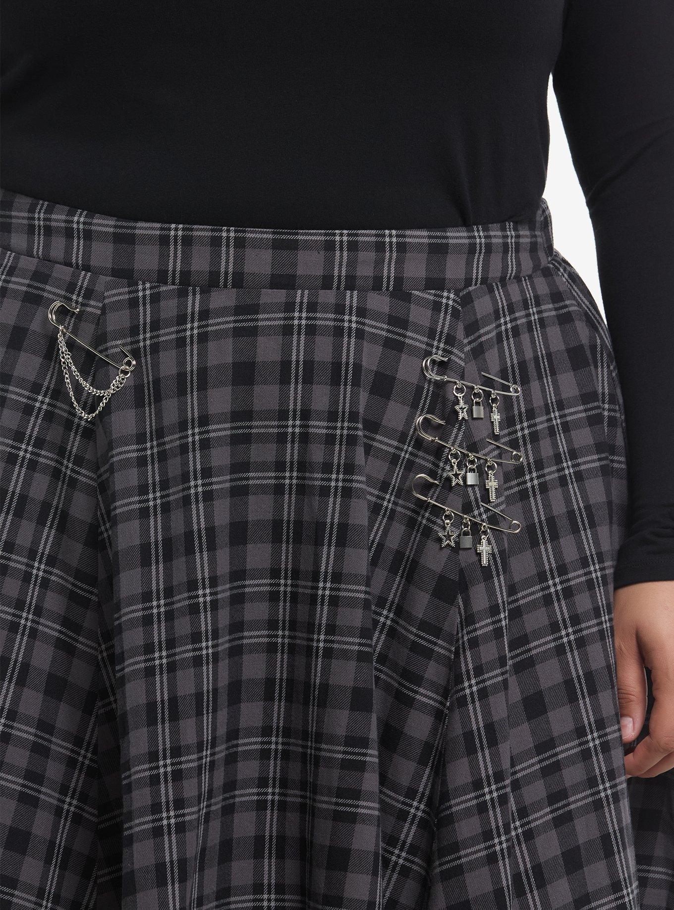 Social Collision Grey Plaid & Black Ombré Safety Pin Midi Skirt Plus Size, GREY, alternate