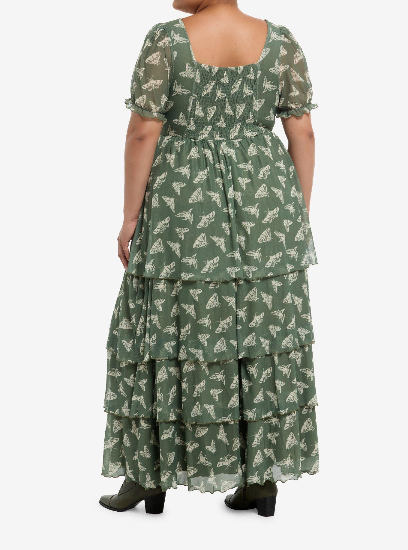 Thorn & Fable Moth & Butterfly Green Tiered Maxi Dress Plus Size, , hi-res