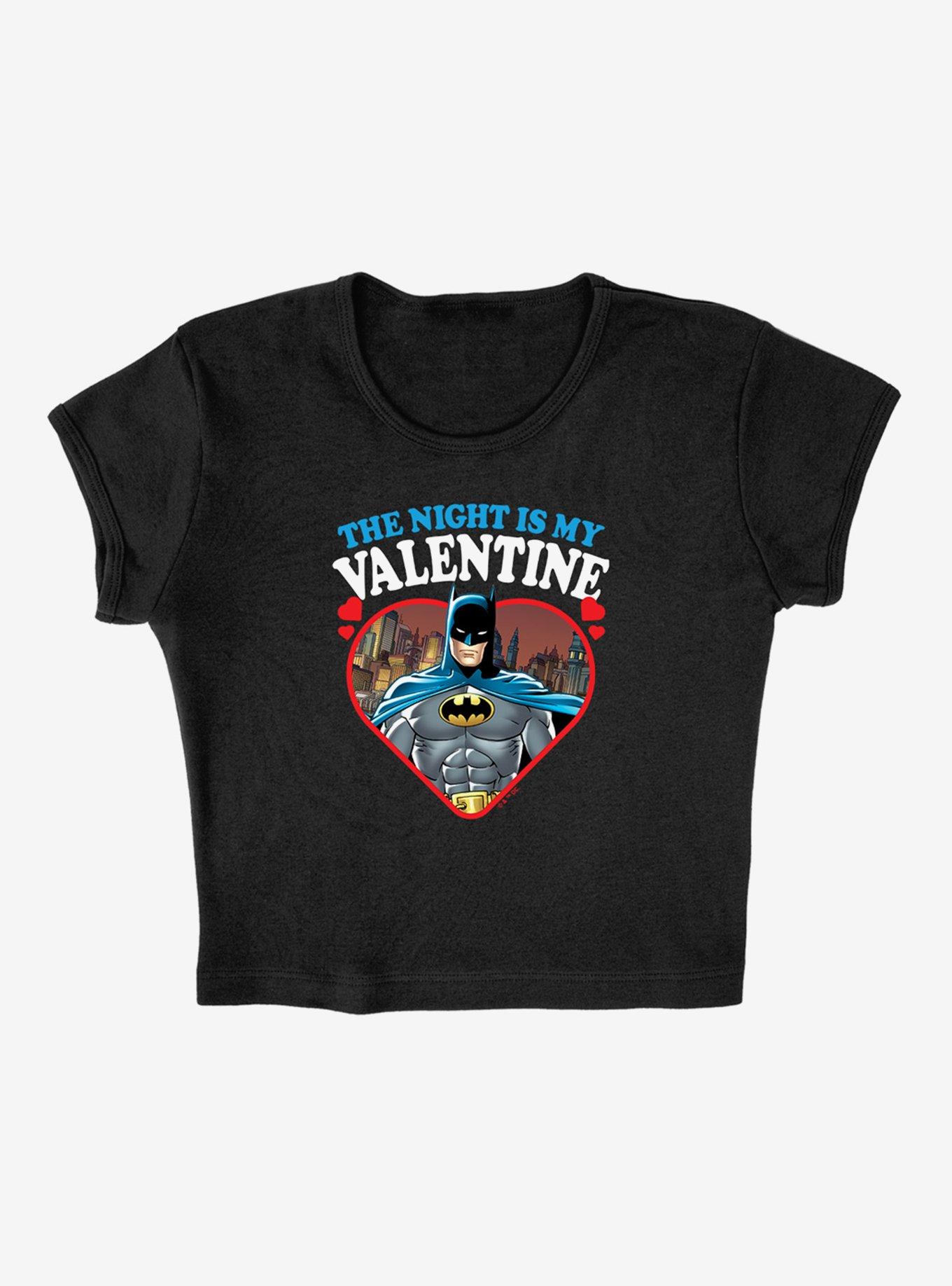 DC Comics Batman The Night Is My Valentine Cap Sleeve Baby Rib Women's Crop Top, BLACK, alternate