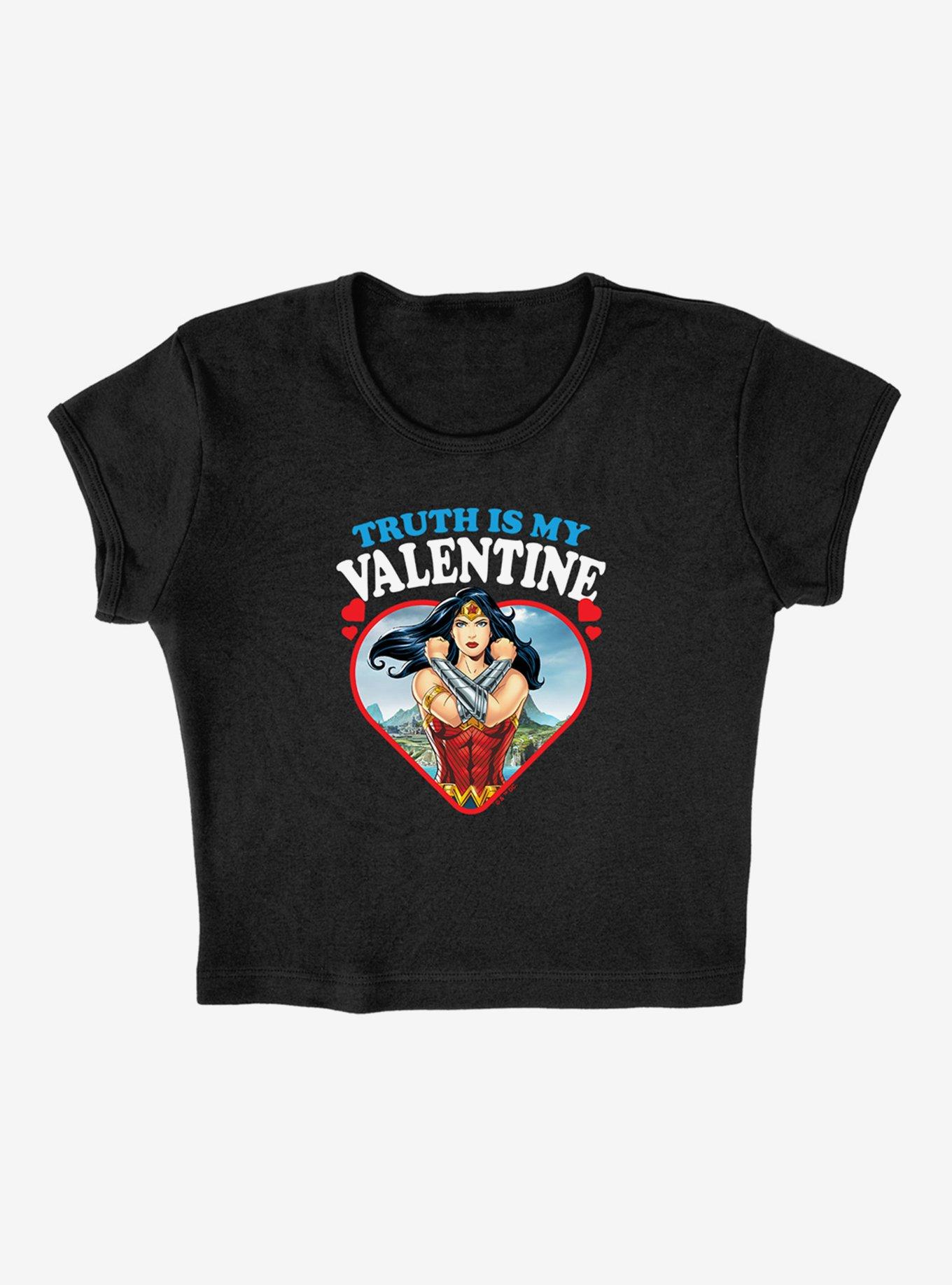 DC Comics Wonder Woman Truth Is My Valentine Cap Sleeve Baby Rib Women's Crop Top, BLACK, alternate