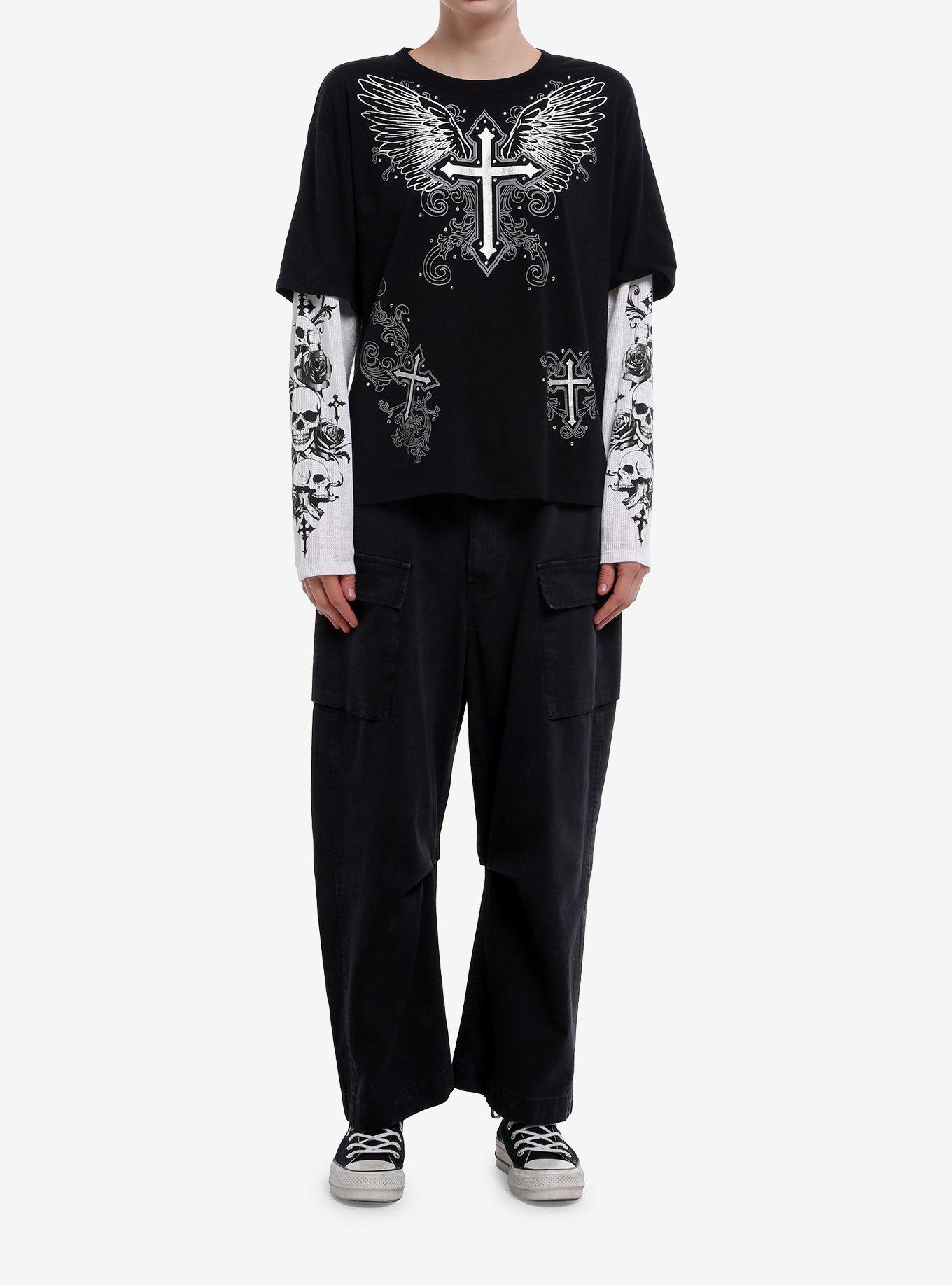 Black & White Winged Cross Skulls Girls Twofer Long-Sleeve T-Shirt, , hi-res