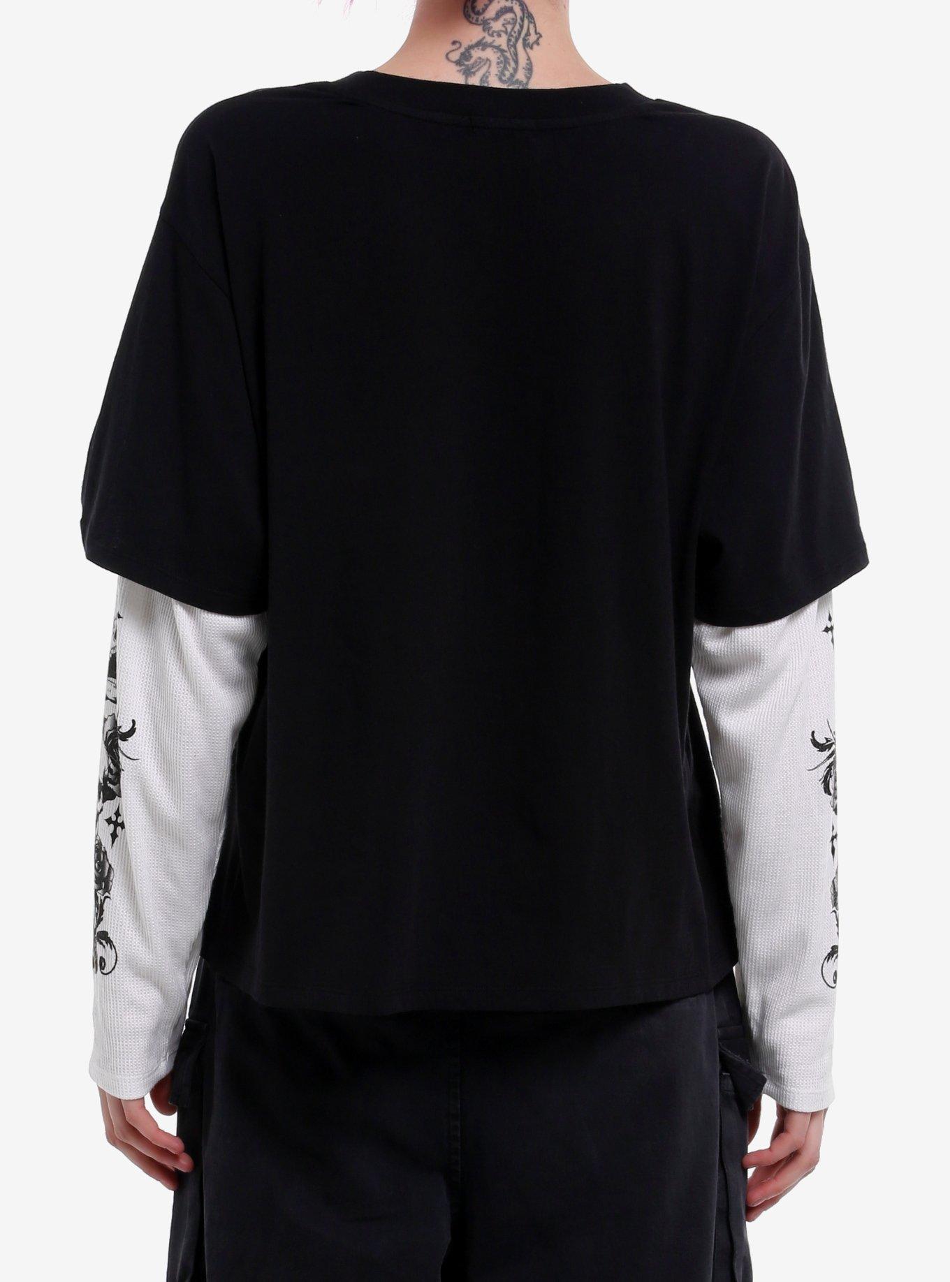 Black & White Winged Cross Skulls Girls Twofer Long-Sleeve T-Shirt, , alternate
