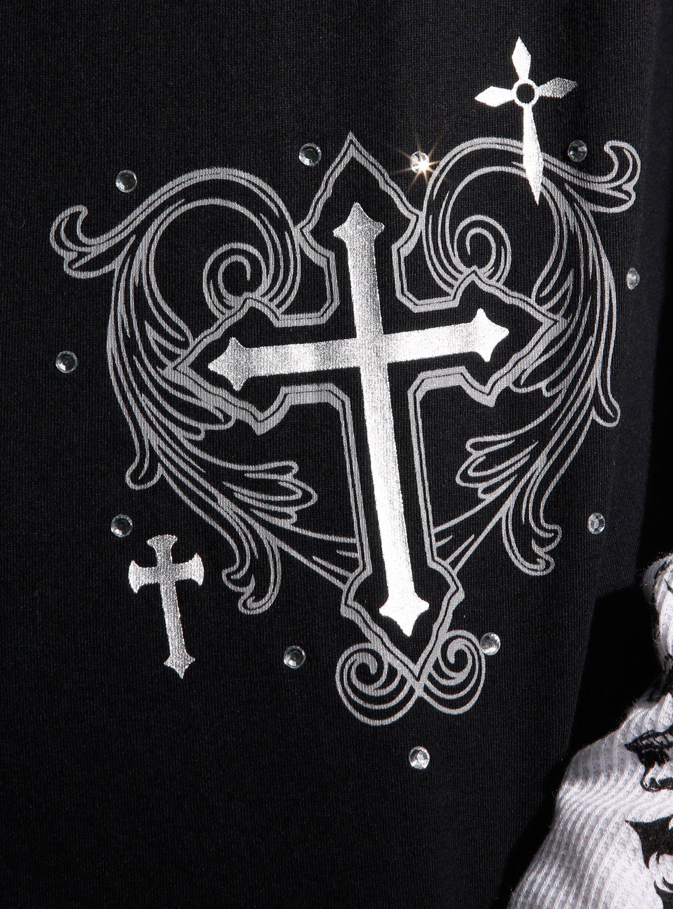 Black & White Winged Cross Skulls Girls Twofer Long-Sleeve T-Shirt, , alternate
