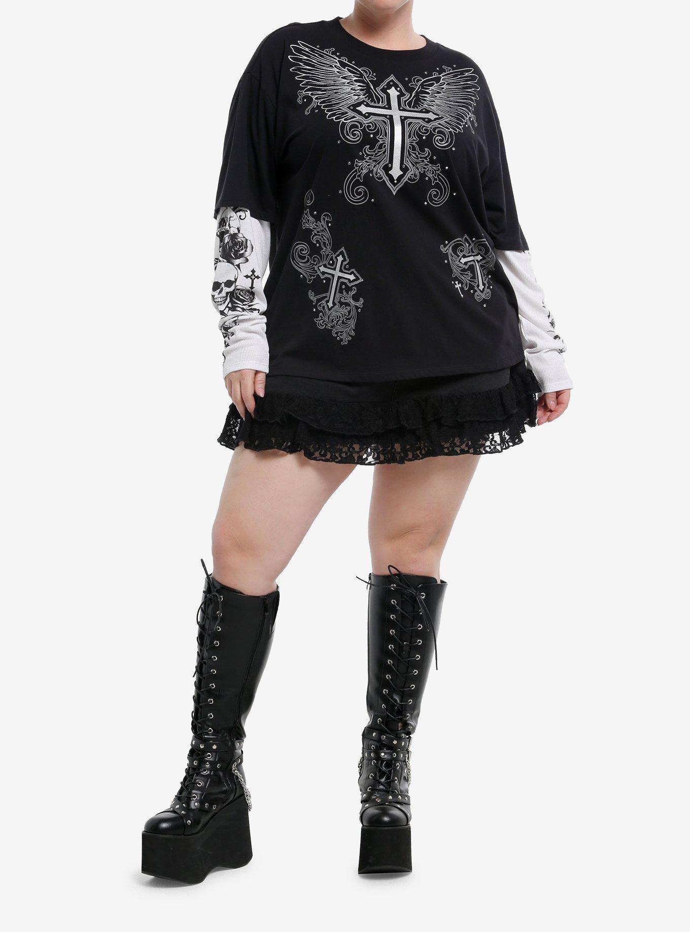 Black & White Winged Cross Skulls Girls Twofer Long-Sleeve T-Shirt Plus Size, , hi-res