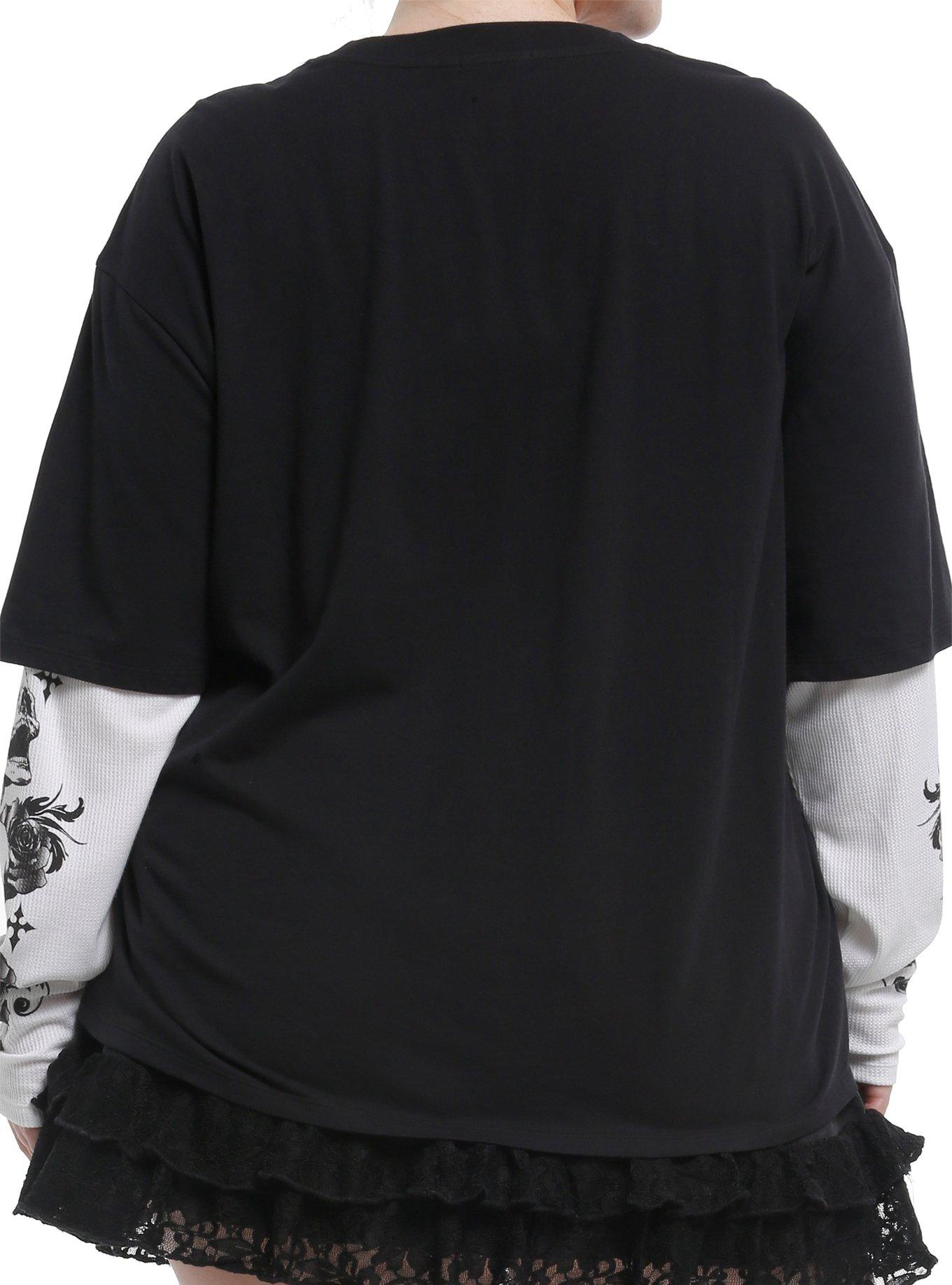 Black & White Winged Cross Skulls Girls Twofer Long-Sleeve T-Shirt Plus Size, , alternate