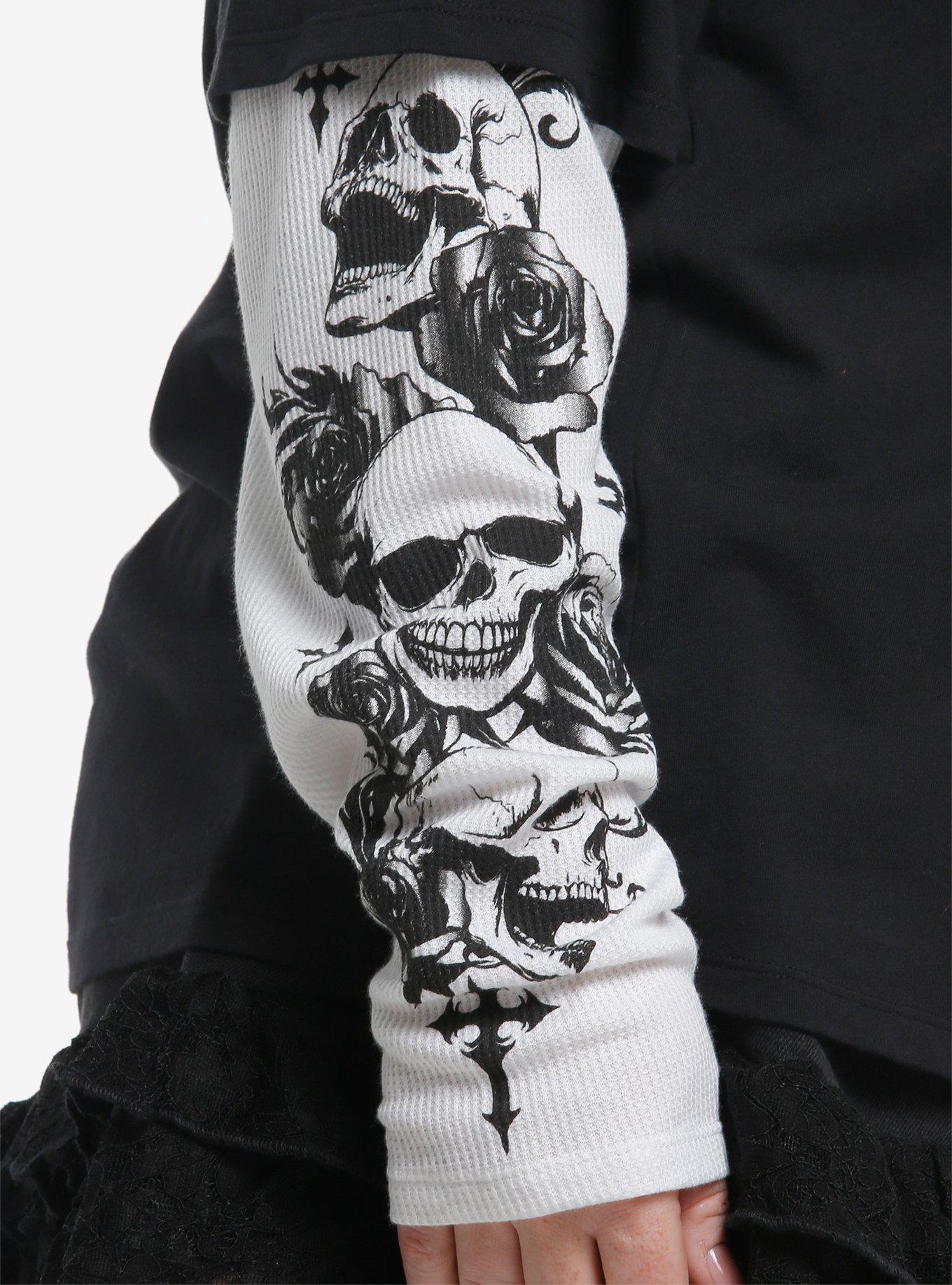 Black & White Winged Cross Skulls Girls Twofer Long-Sleeve T-Shirt Plus Size, , alternate