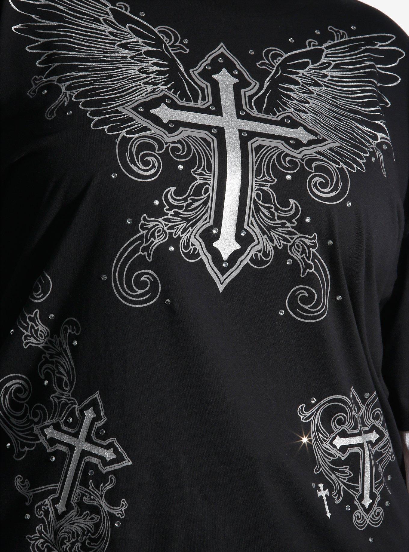 Black & White Winged Cross Skulls Girls Twofer Long-Sleeve T-Shirt Plus Size, , alternate