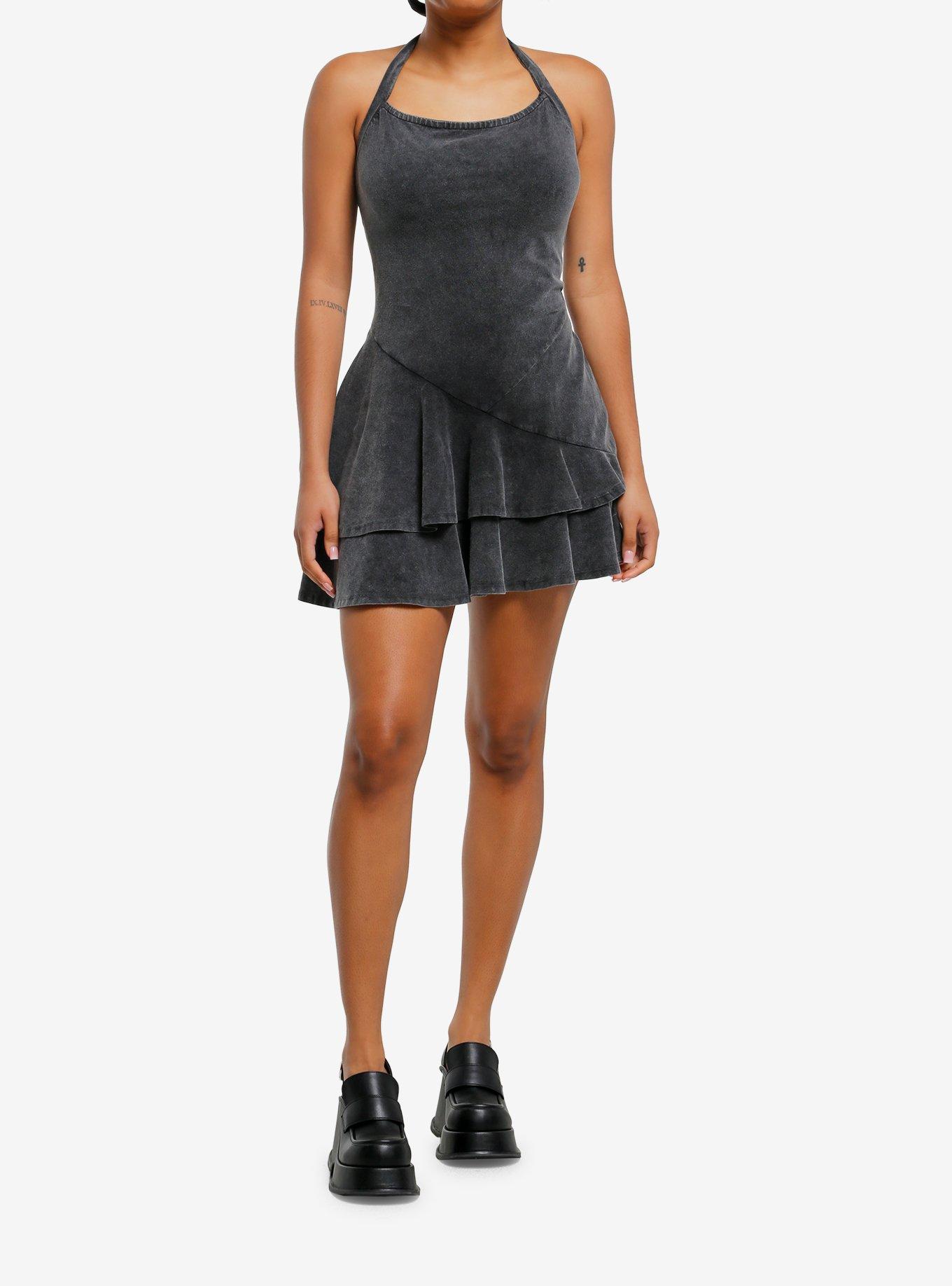 Grey Mineral Wash Halter Ruffle Dress, , hi-res