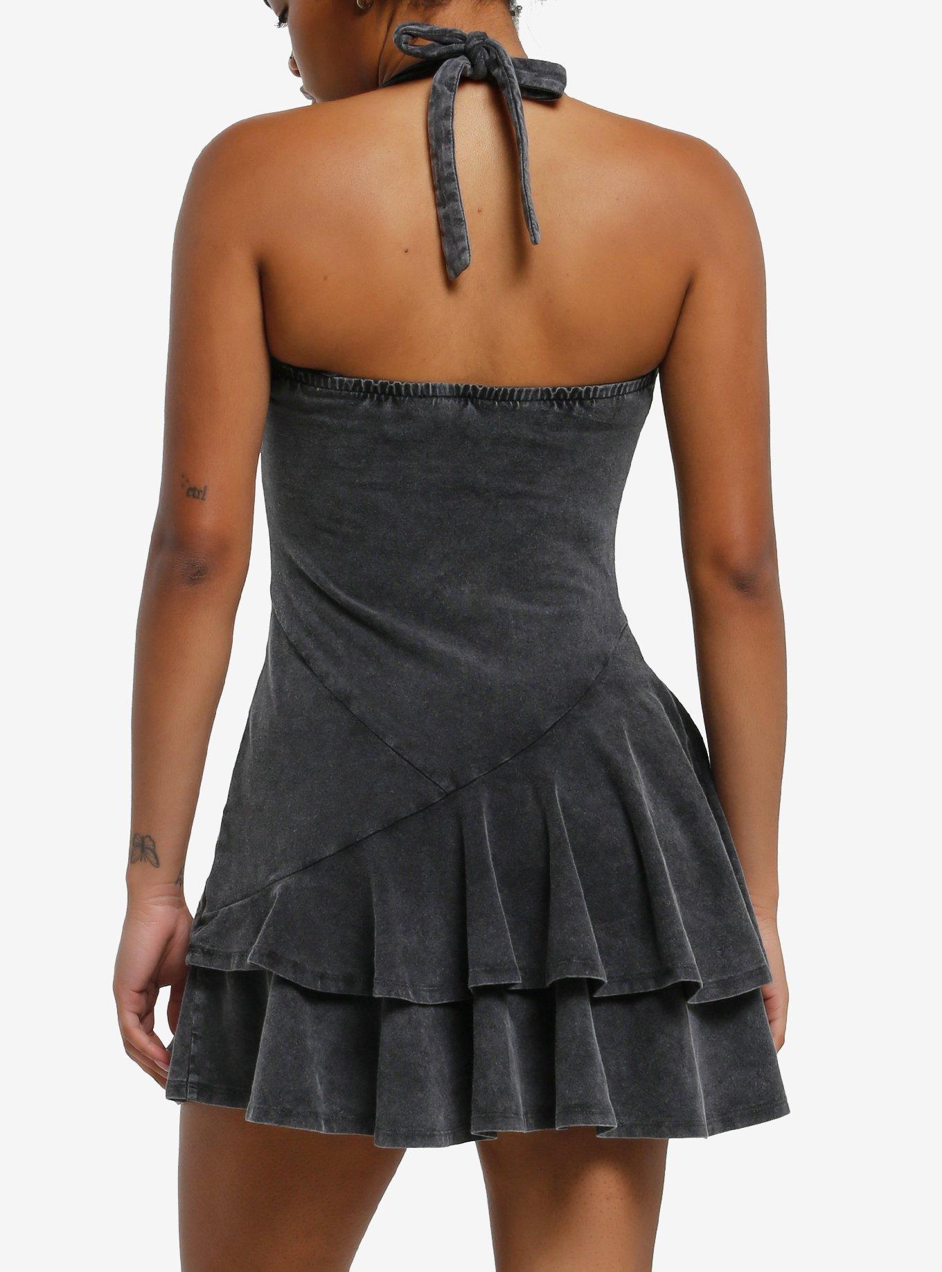 Grey Mineral Wash Halter Ruffle Dress, BLACK, alternate