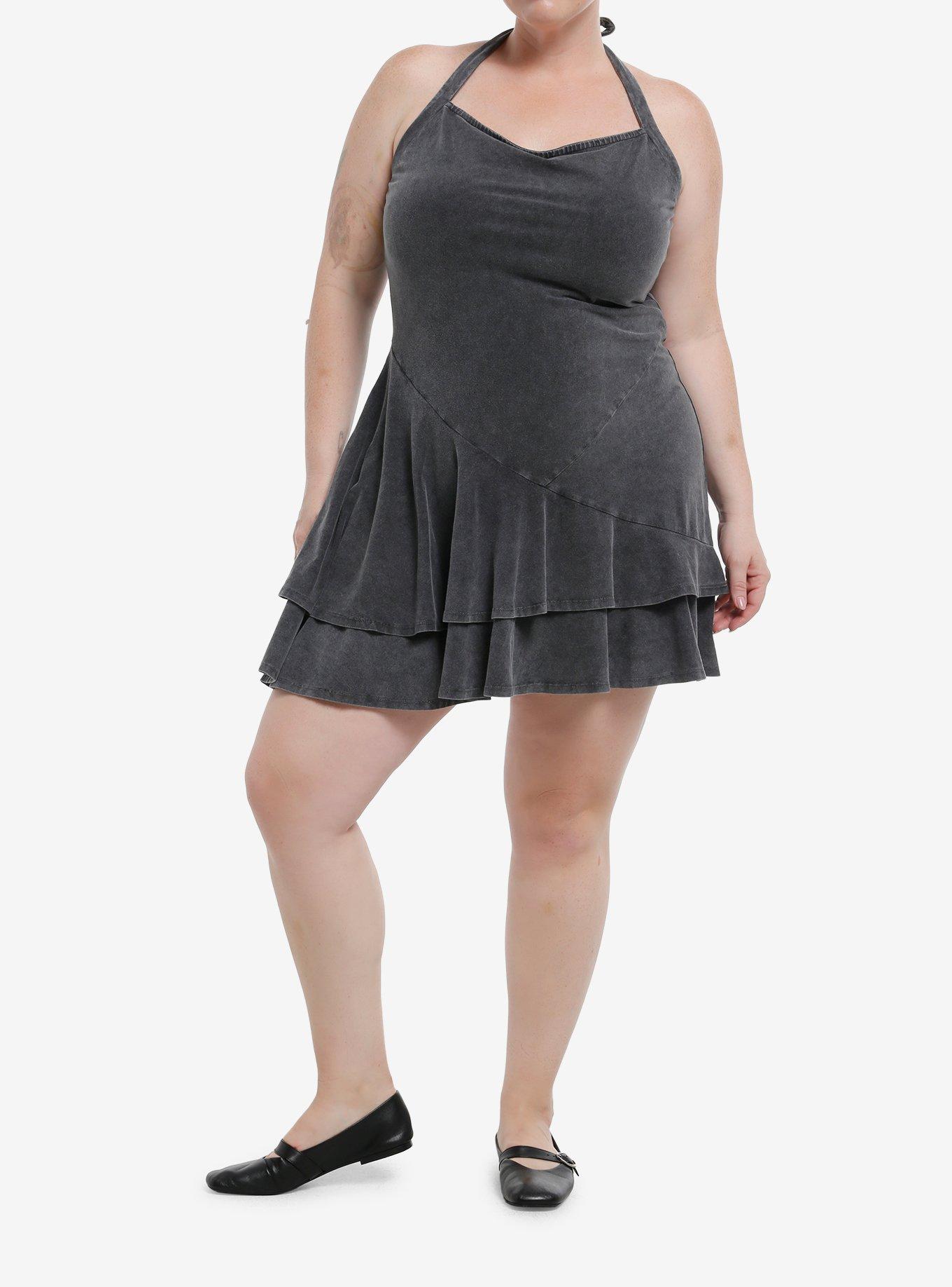 Grey Mineral Wash Halter Ruffle Dress Plus Size, , hi-res