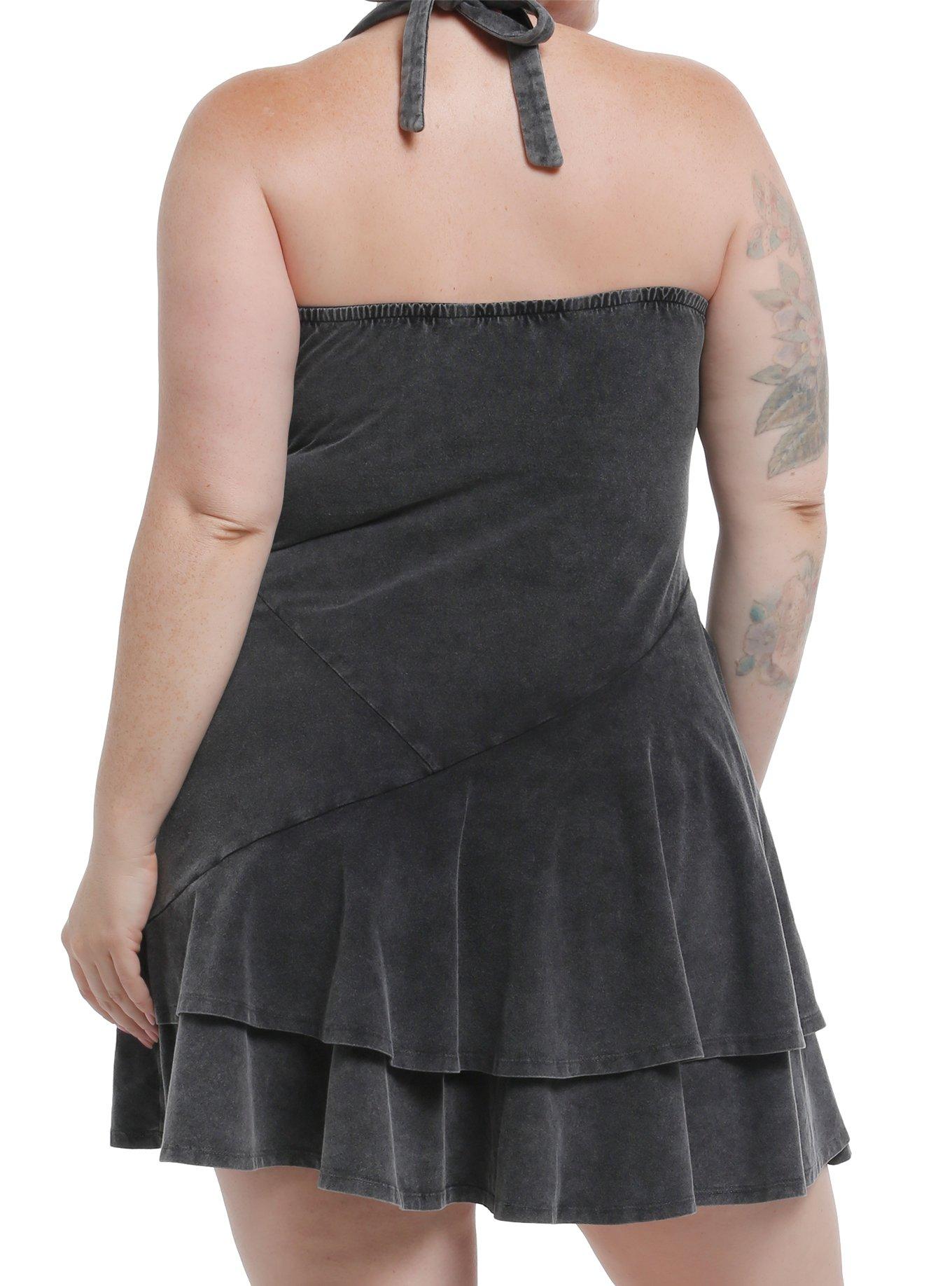 Grey Mineral Wash Halter Ruffle Dress Plus Size, BLACK, alternate