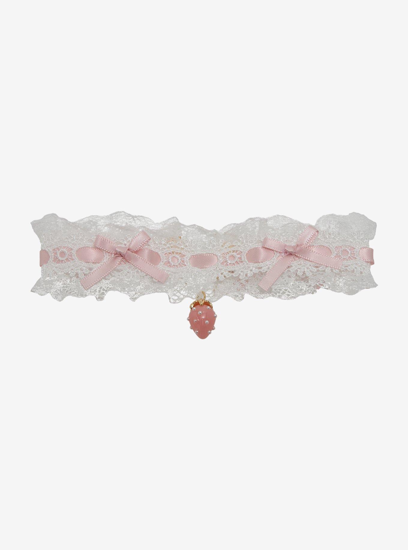 Sweet Society Lace Pink Bow Strawberry Choker, , hi-res