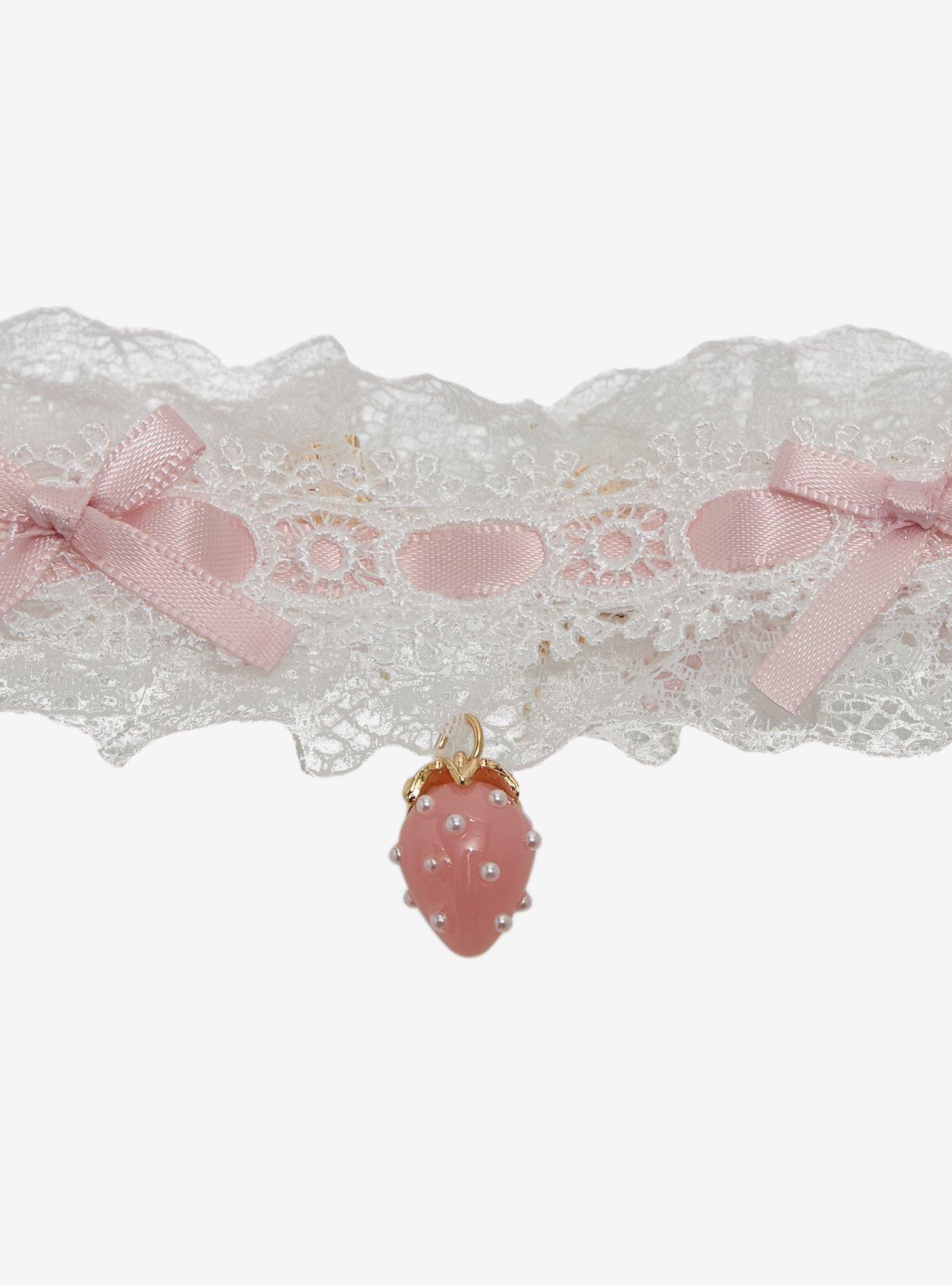 Sweet Society Lace Pink Bow Strawberry Choker, , alternate