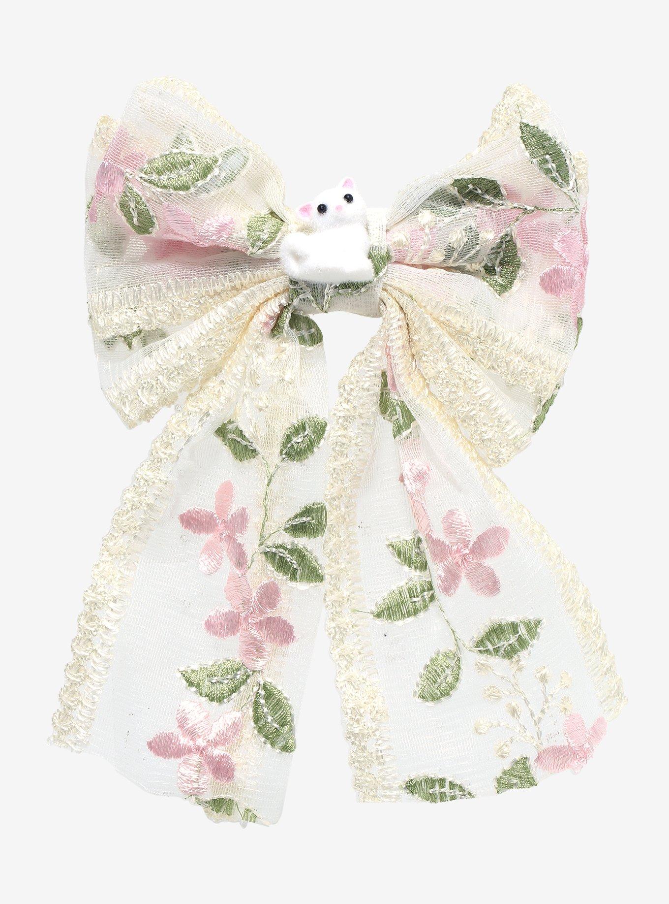 Thorn & Fable Flocked Cat Floral Lace Hair Bow, , hi-res