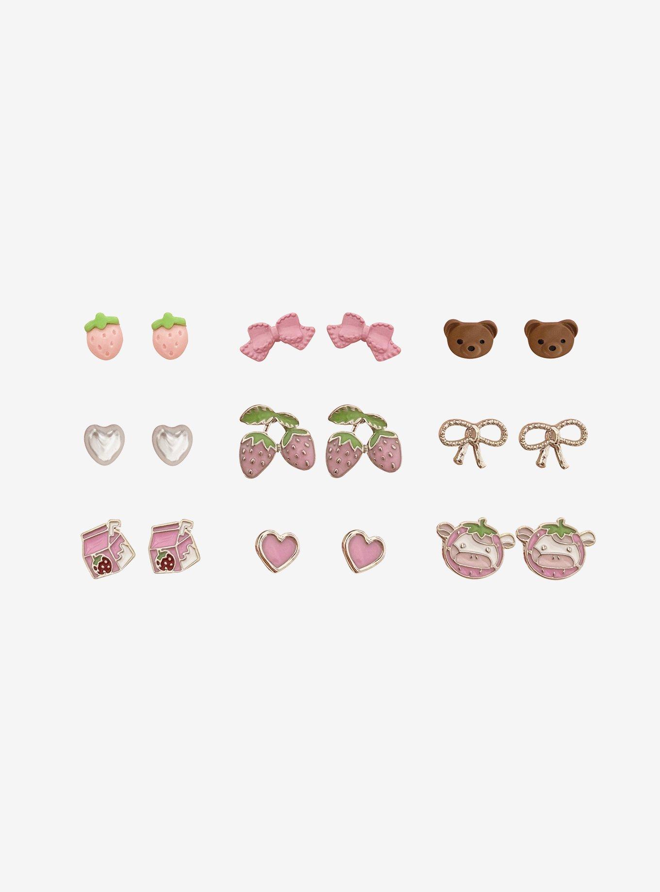 Sweet Society Strawberry Bow Bear Stud Earring Set, , hi-res