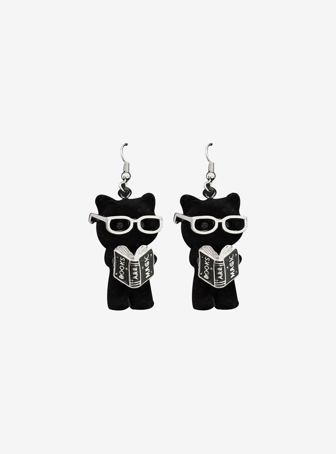 Thorn & Fable Black Cat Book Earrings With Bookmark, , hi-res