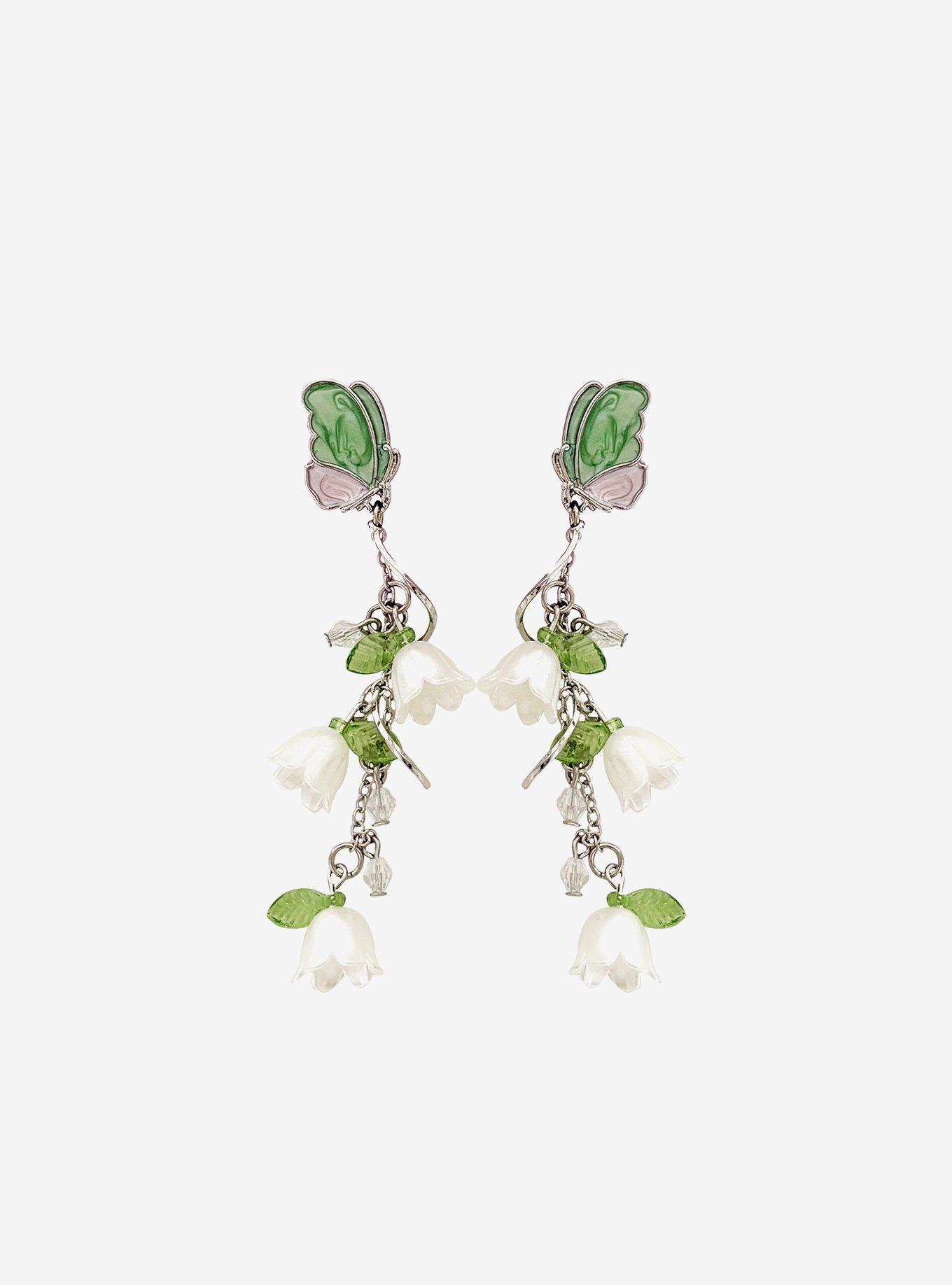 Thorn & Fable Butterfly & Lily Of The Valley Drop Earrings, , hi-res