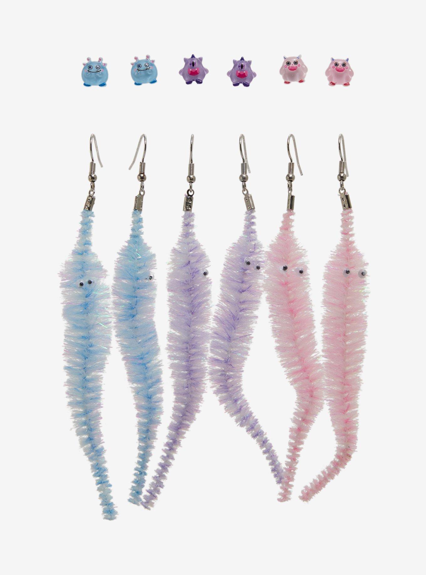 Pastel Monster Fuzzy Worm Earring Set, , hi-res